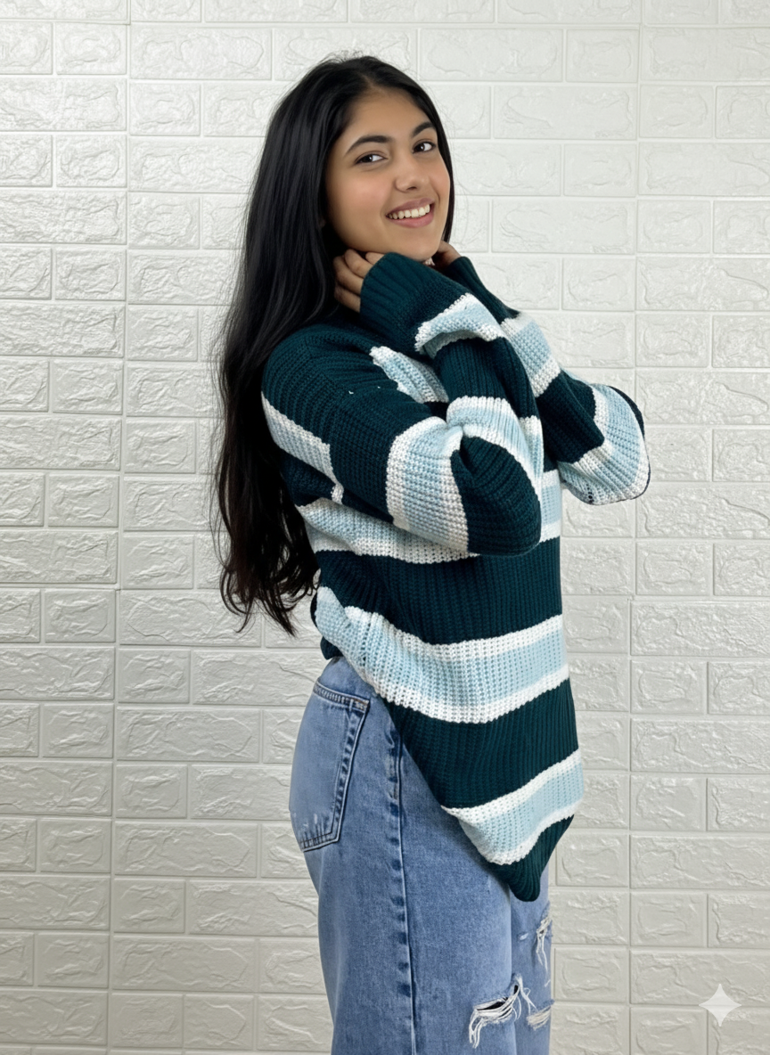 Multi-Stripe Relaxed Knit Sweater - Green & Blue