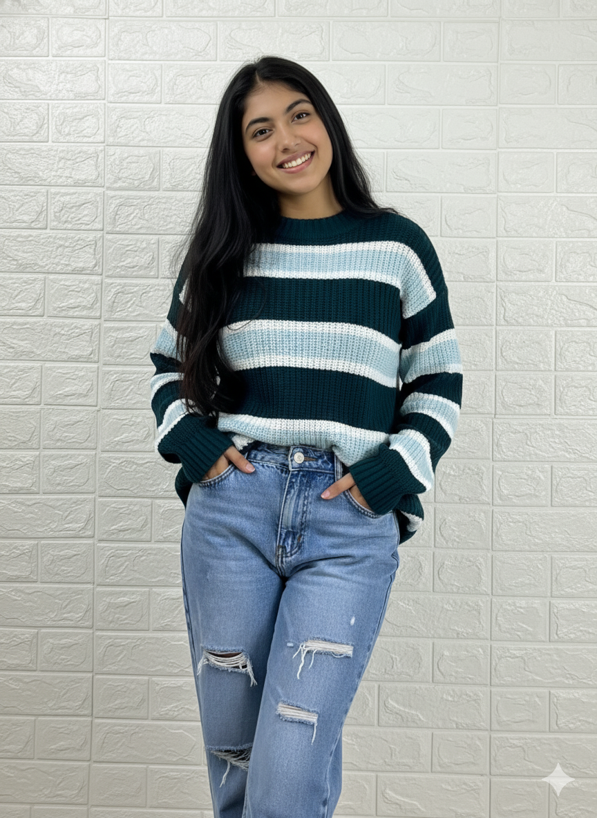 Multi-Stripe Relaxed Knit Sweater - Green & Blue