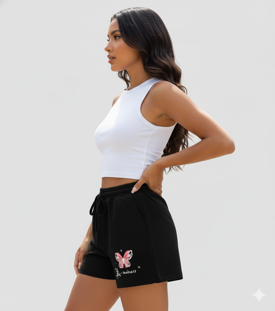 Black Sweat Shorts with Pink Butterfly Graphic