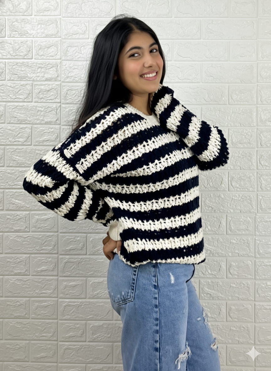 Classic Striped Chunky Knit Sweater - Navy & Cream