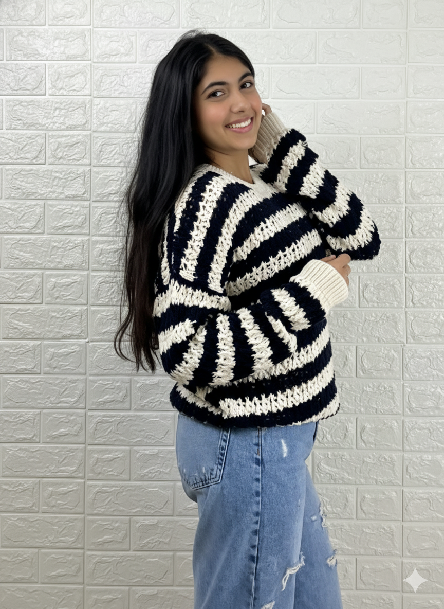 Classic Striped Chunky Knit Sweater - Navy & Cream