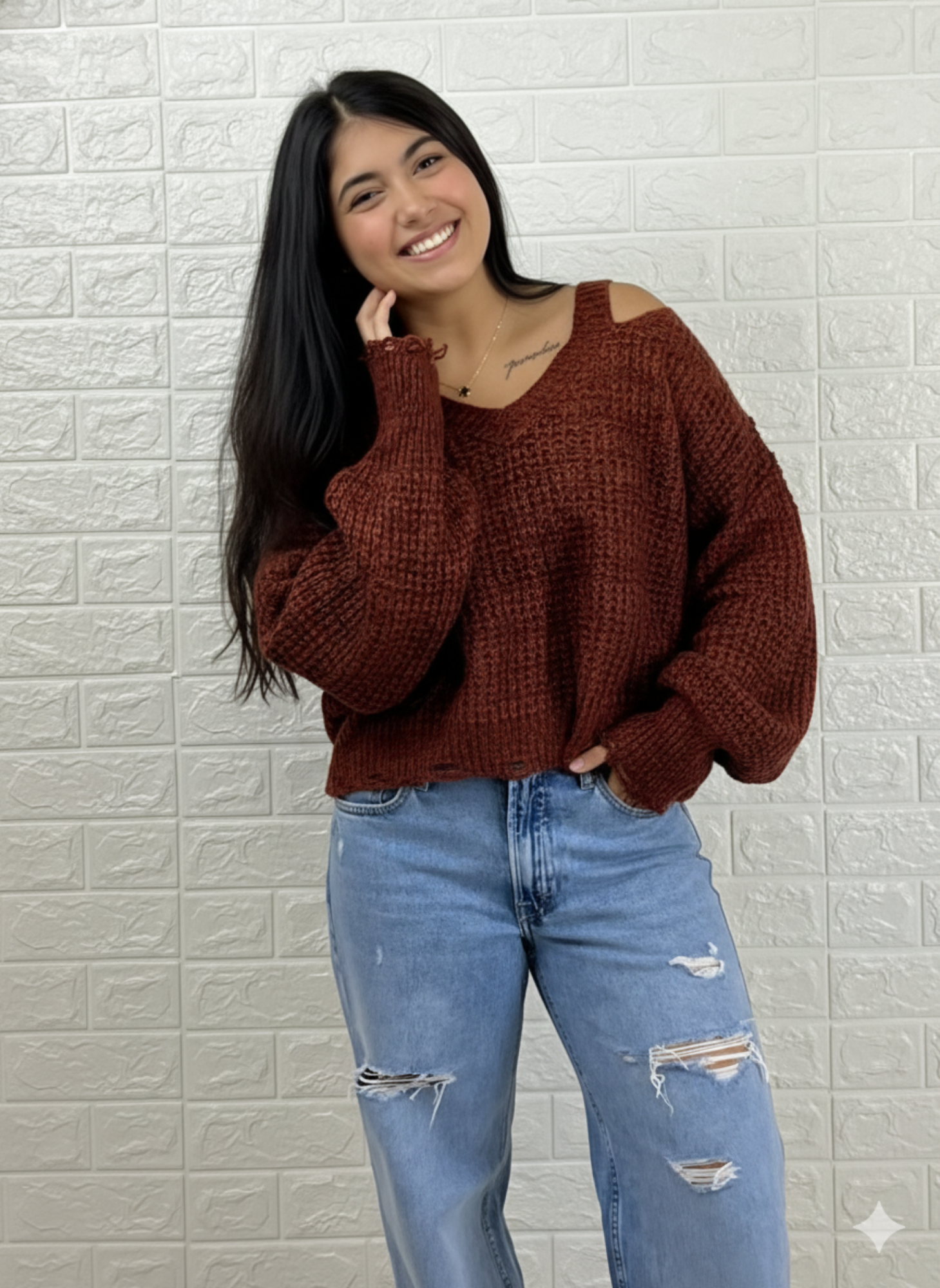 Rust Knit Cold Shoulder V-Neck Sweater