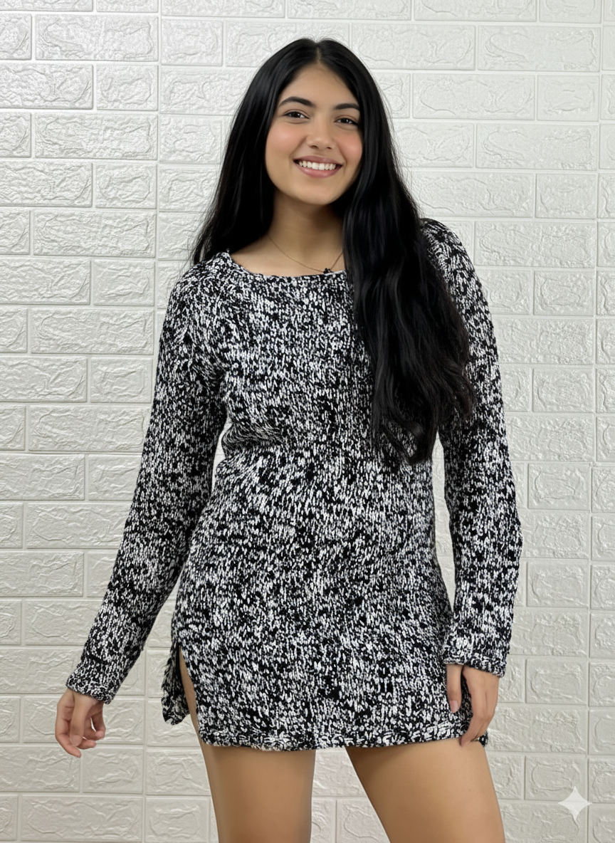 Marled Black & White Knit Tunic Sweater Dress