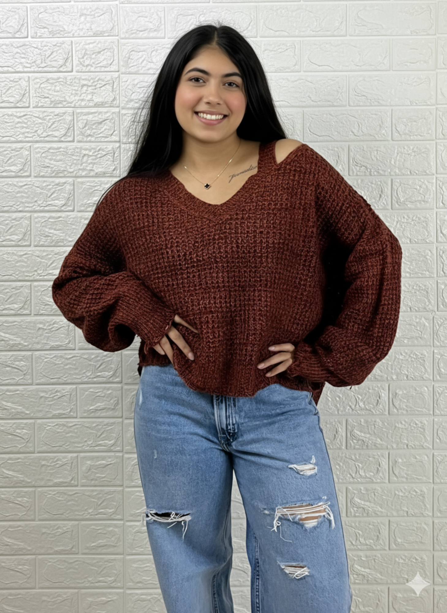 Rust Knit Cold Shoulder V-Neck Sweater