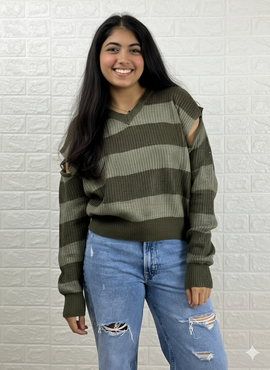 Striped Cold-Shoulder V-Neck Sweater - Olive Green