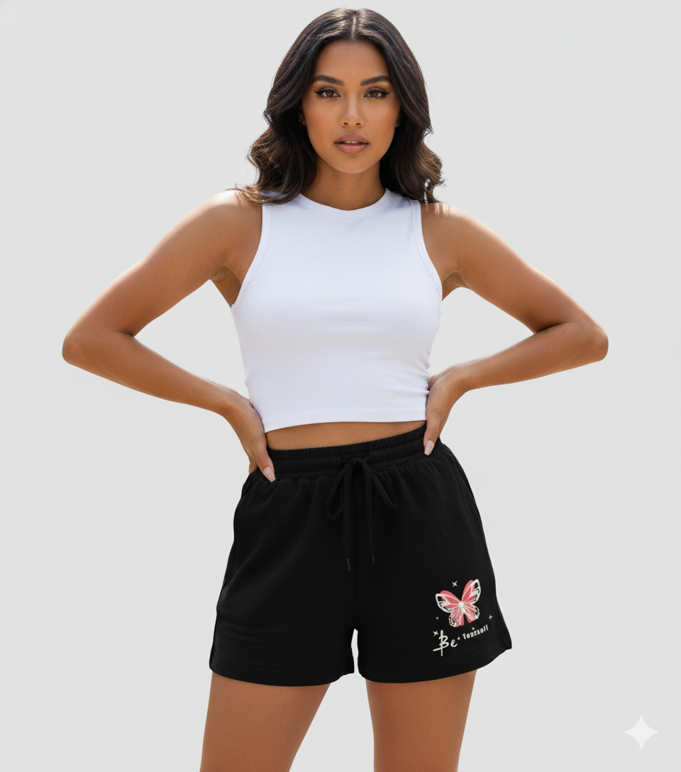 Black Sweat Shorts with Pink Butterfly Graphic