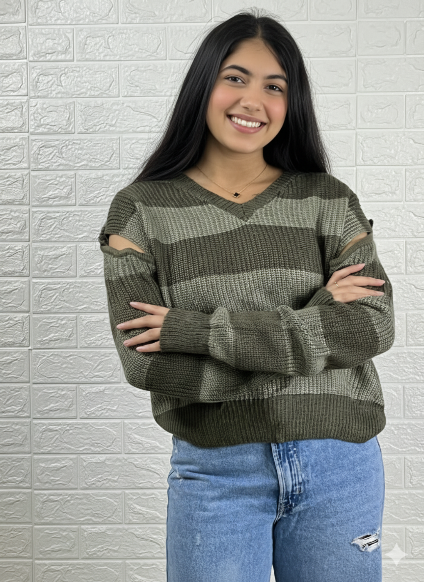 Striped Cold-Shoulder V-Neck Sweater - Olive Green