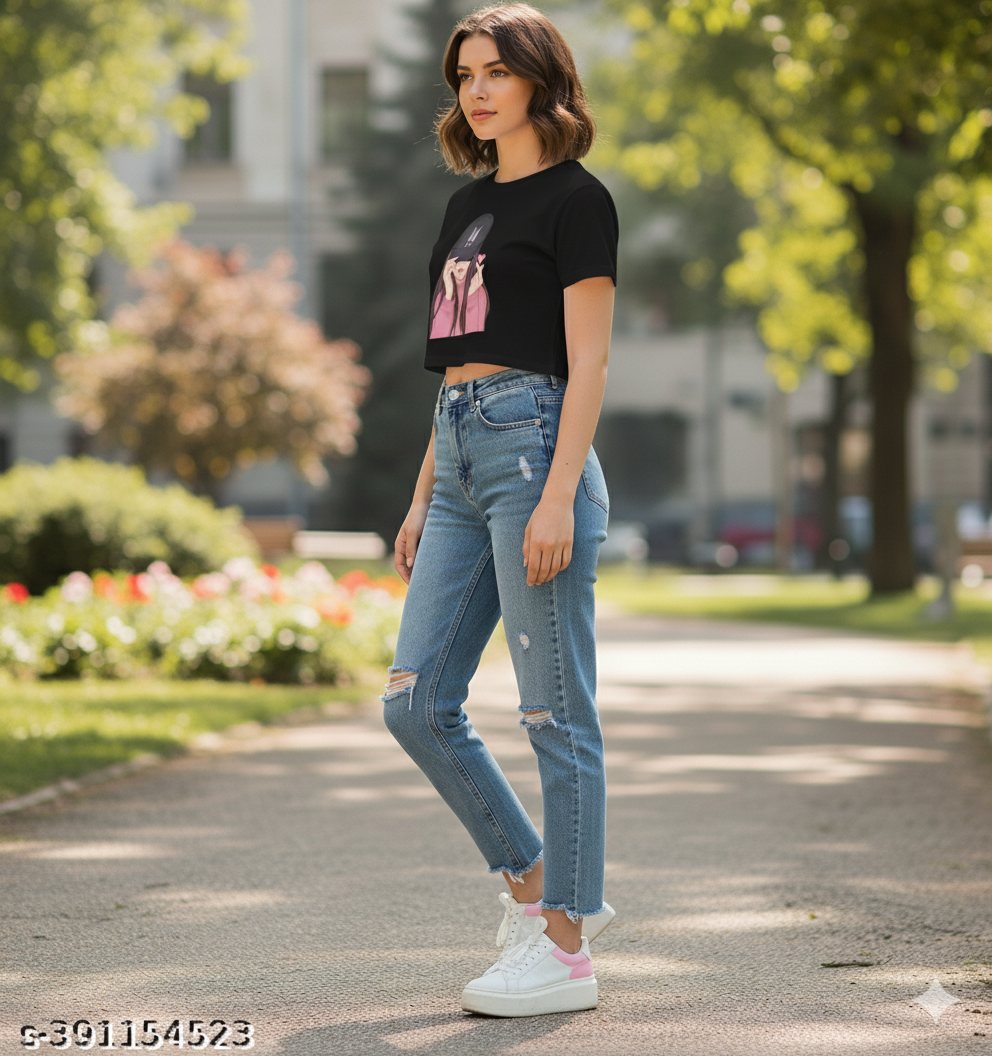 Black Graphic Crop T-Shirt: K-Pop Fan Style