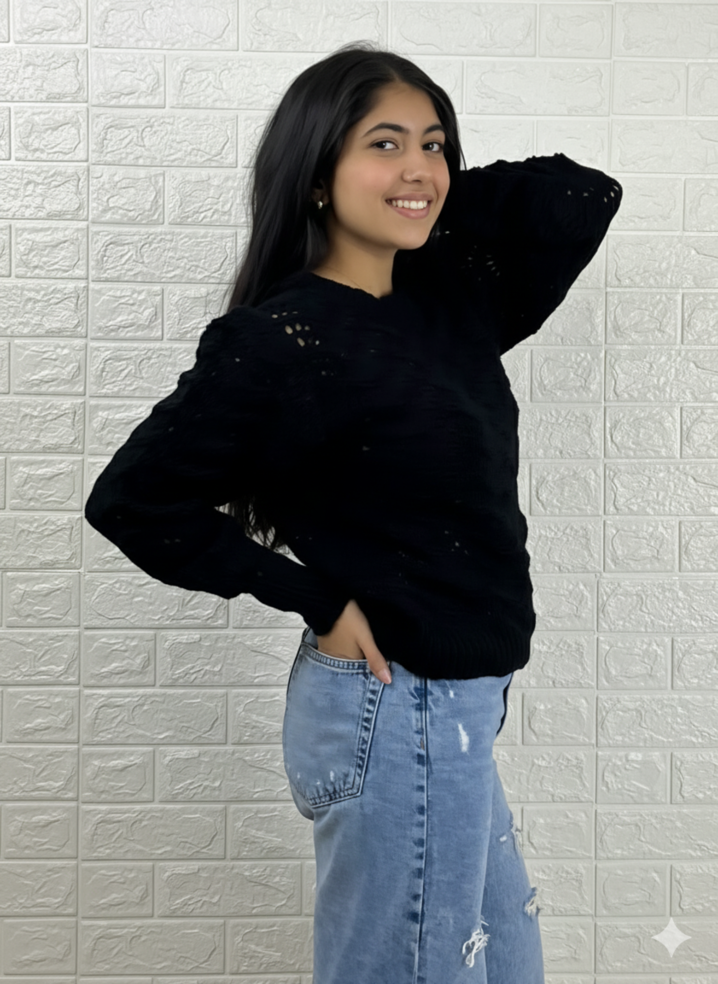 Black Sparkle Knit with Puff Shoulders