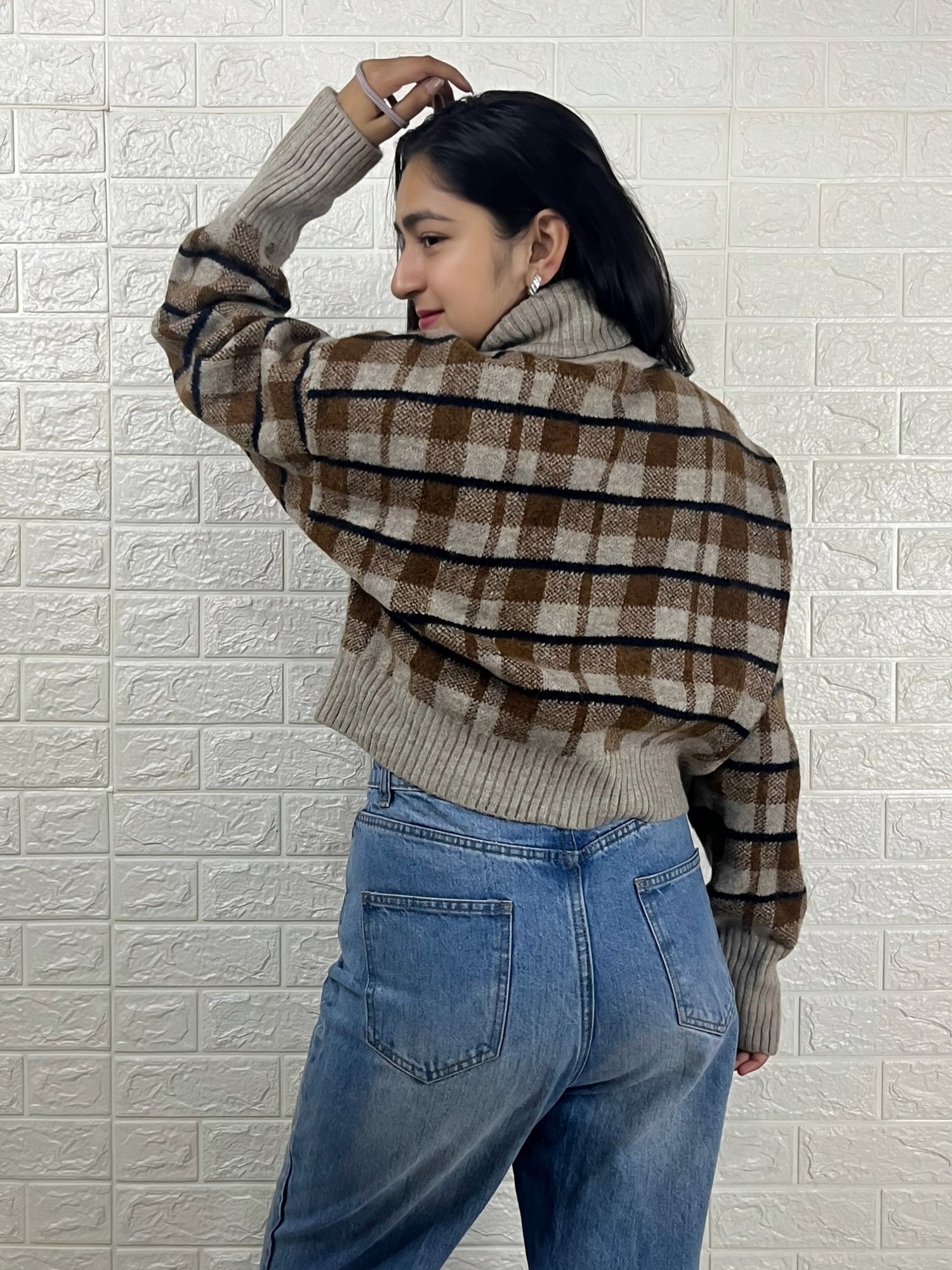 Women’s Checked Turtleneck Sweater | Brown & Beige Winter Knitted Pullover