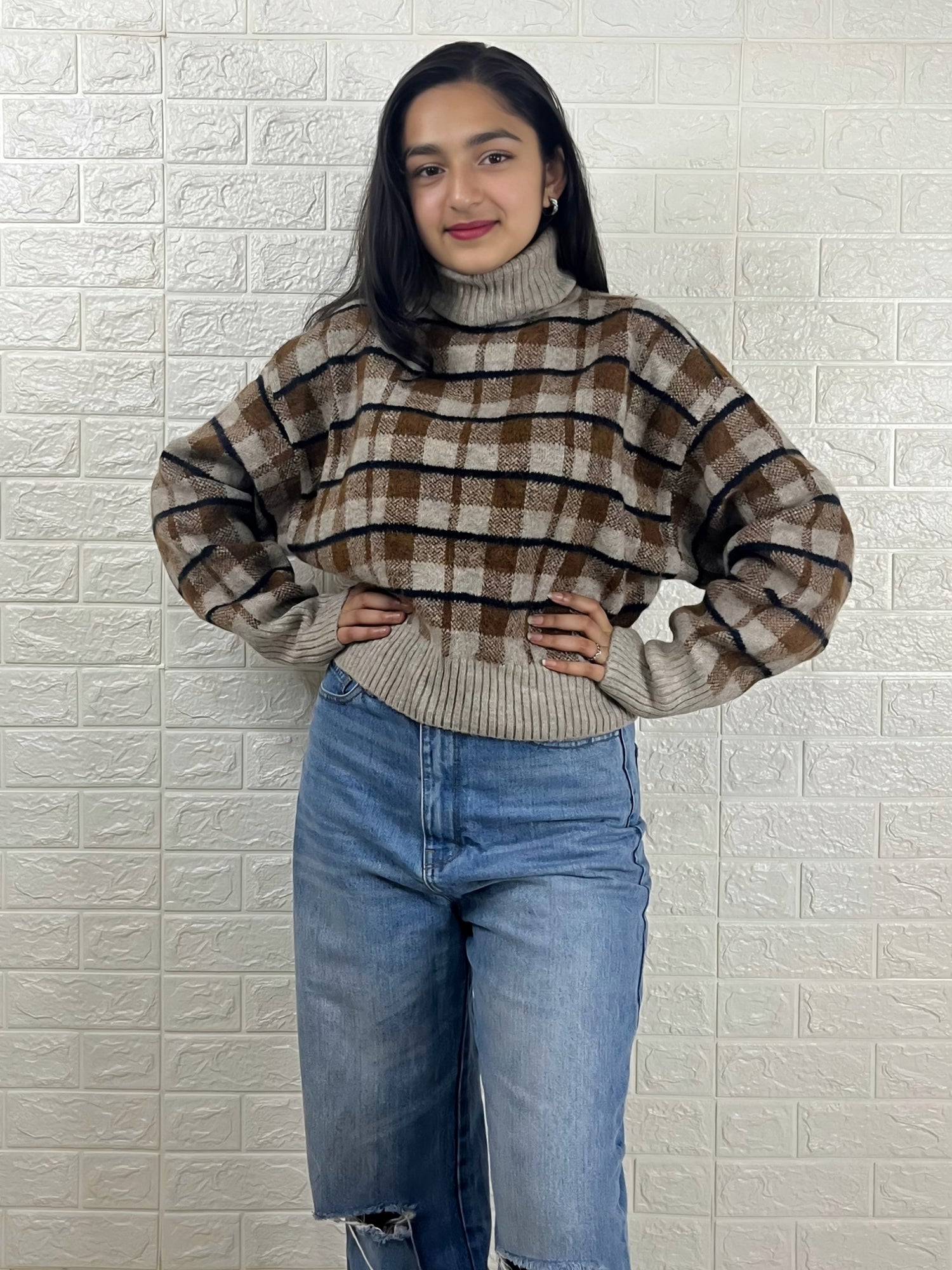 Women’s Checked Turtleneck Sweater | Brown & Beige Winter Knitted Pullover