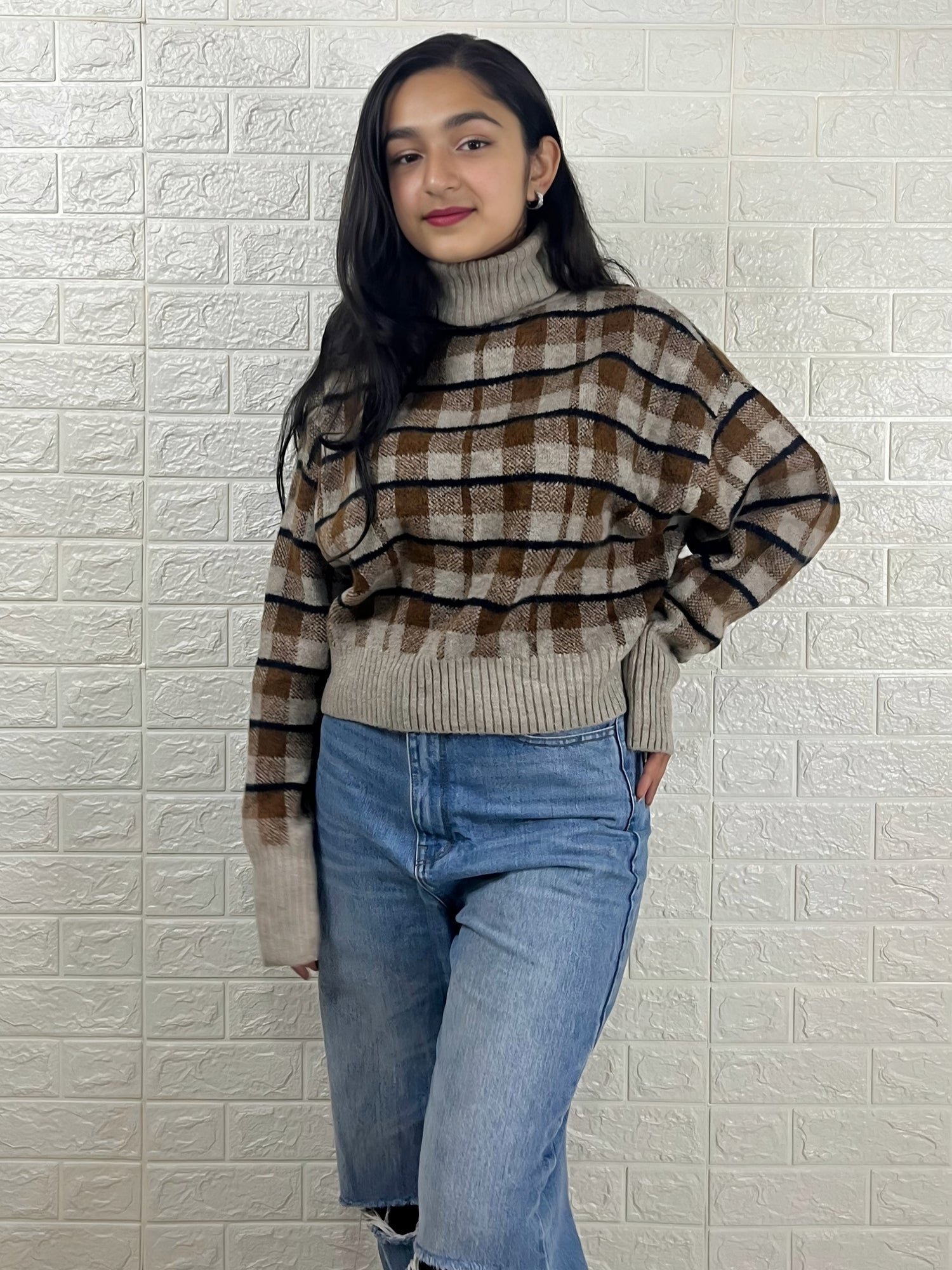 Women’s Checked Turtleneck Sweater | Brown & Beige Winter Knitted Pullover