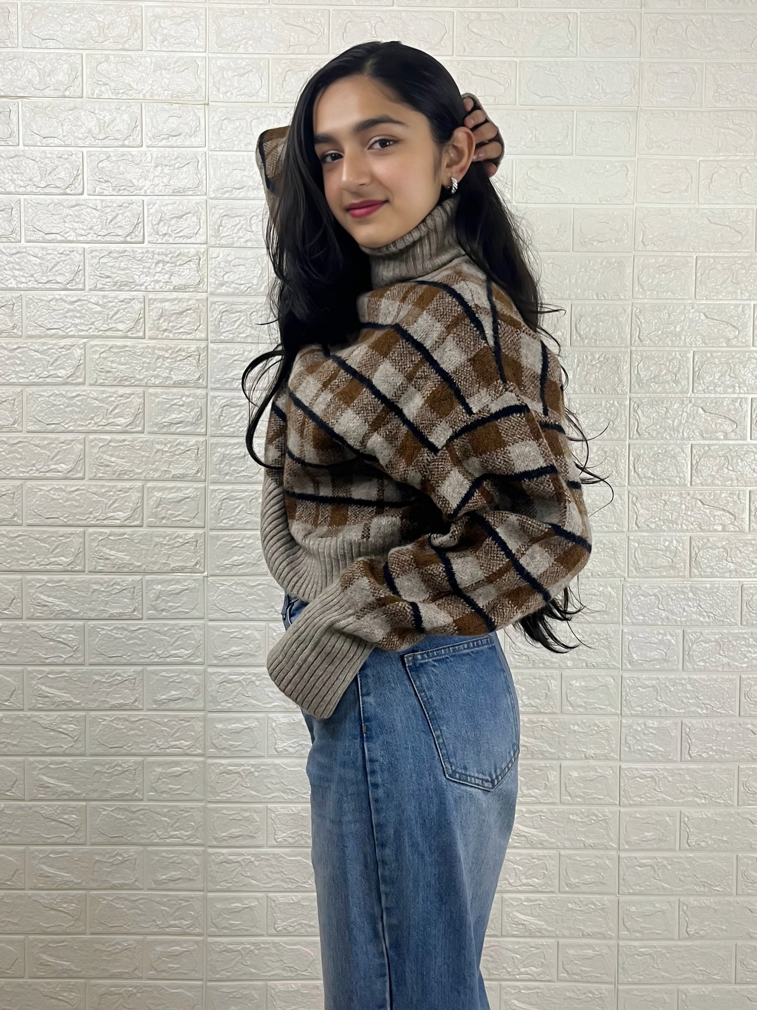 Women’s Checked Turtleneck Sweater | Brown & Beige Winter Knitted Pullover