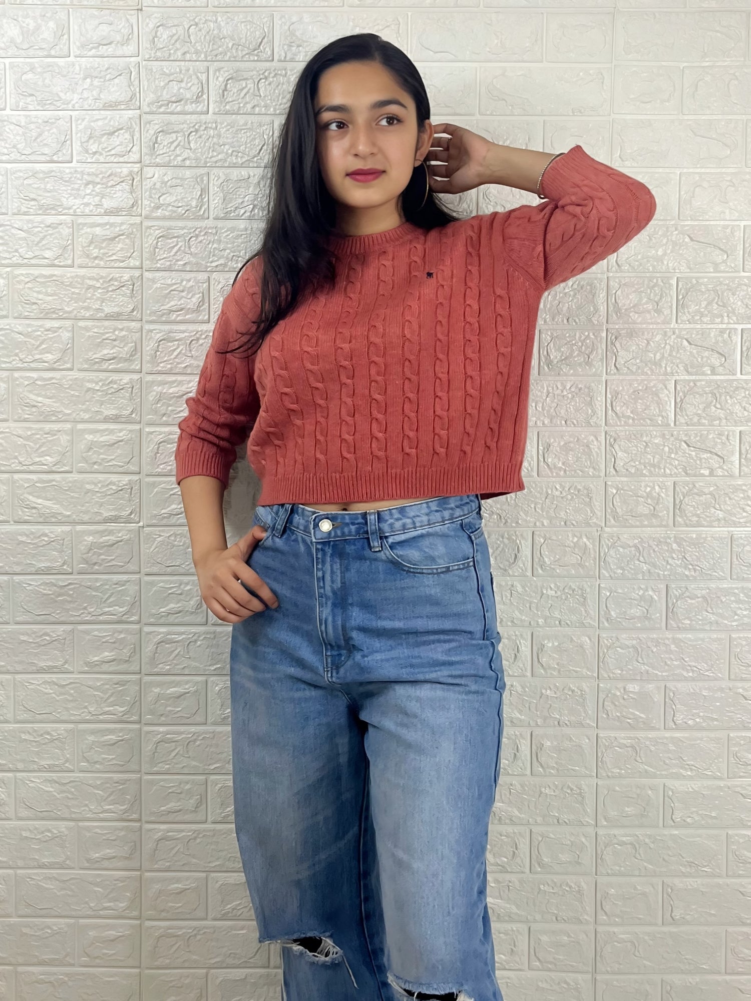 Women’s Cable Knit Sweater | Solid Rust Orange Winter Pullover | Round Neck Long Sleeve