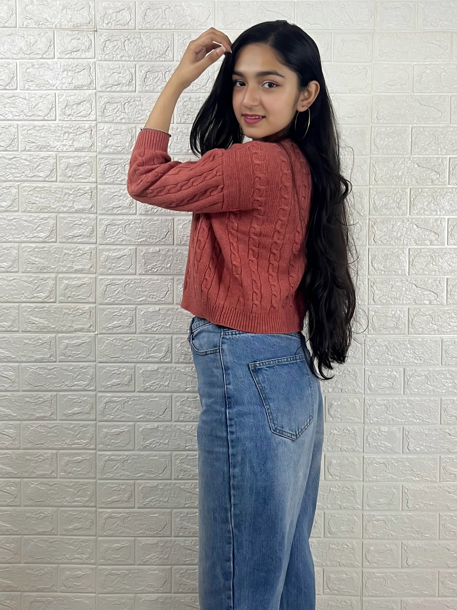 Women’s Cable Knit Sweater | Solid Rust Orange Winter Pullover | Round Neck Long Sleeve