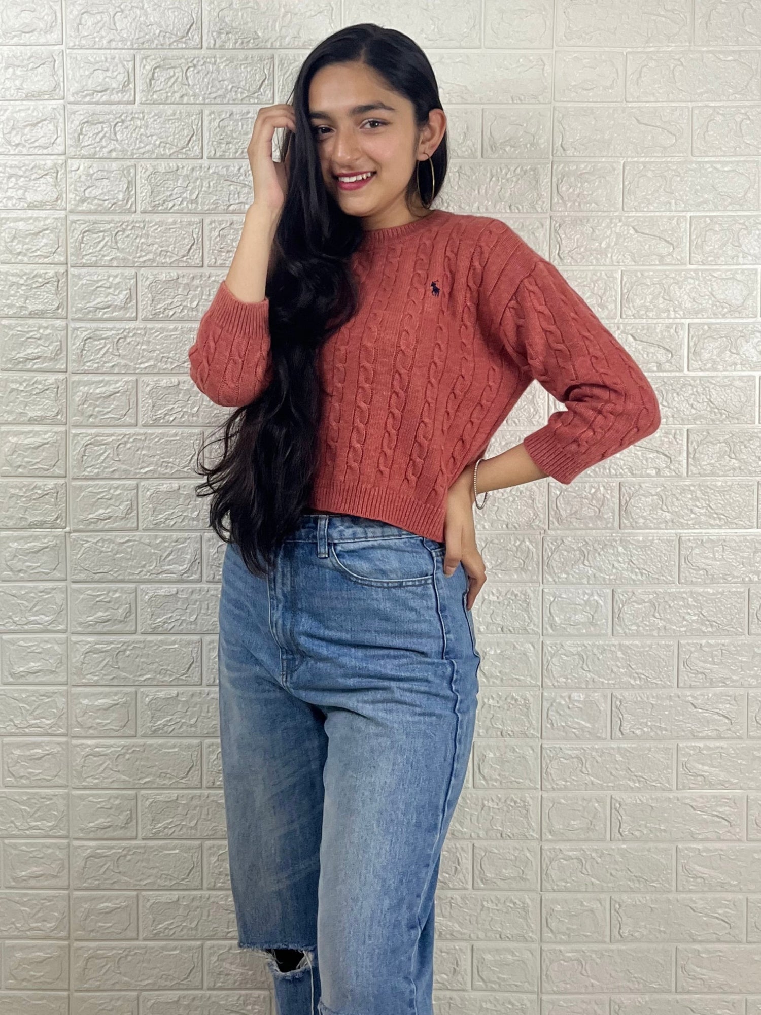 Women’s Cable Knit Sweater | Solid Rust Orange Winter Pullover | Round Neck Long Sleeve