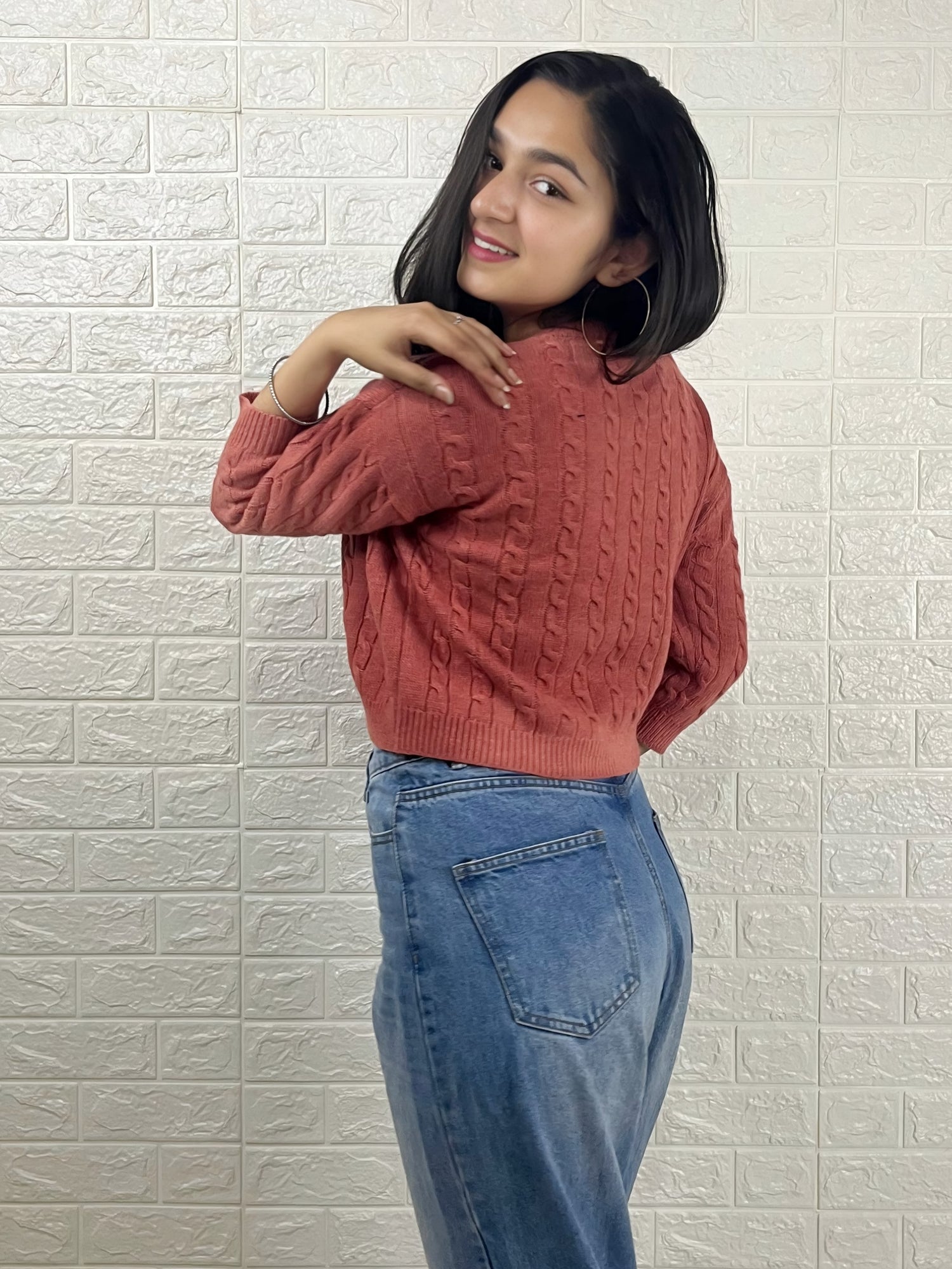 Women’s Cable Knit Sweater | Solid Rust Orange Winter Pullover | Round Neck Long Sleeve