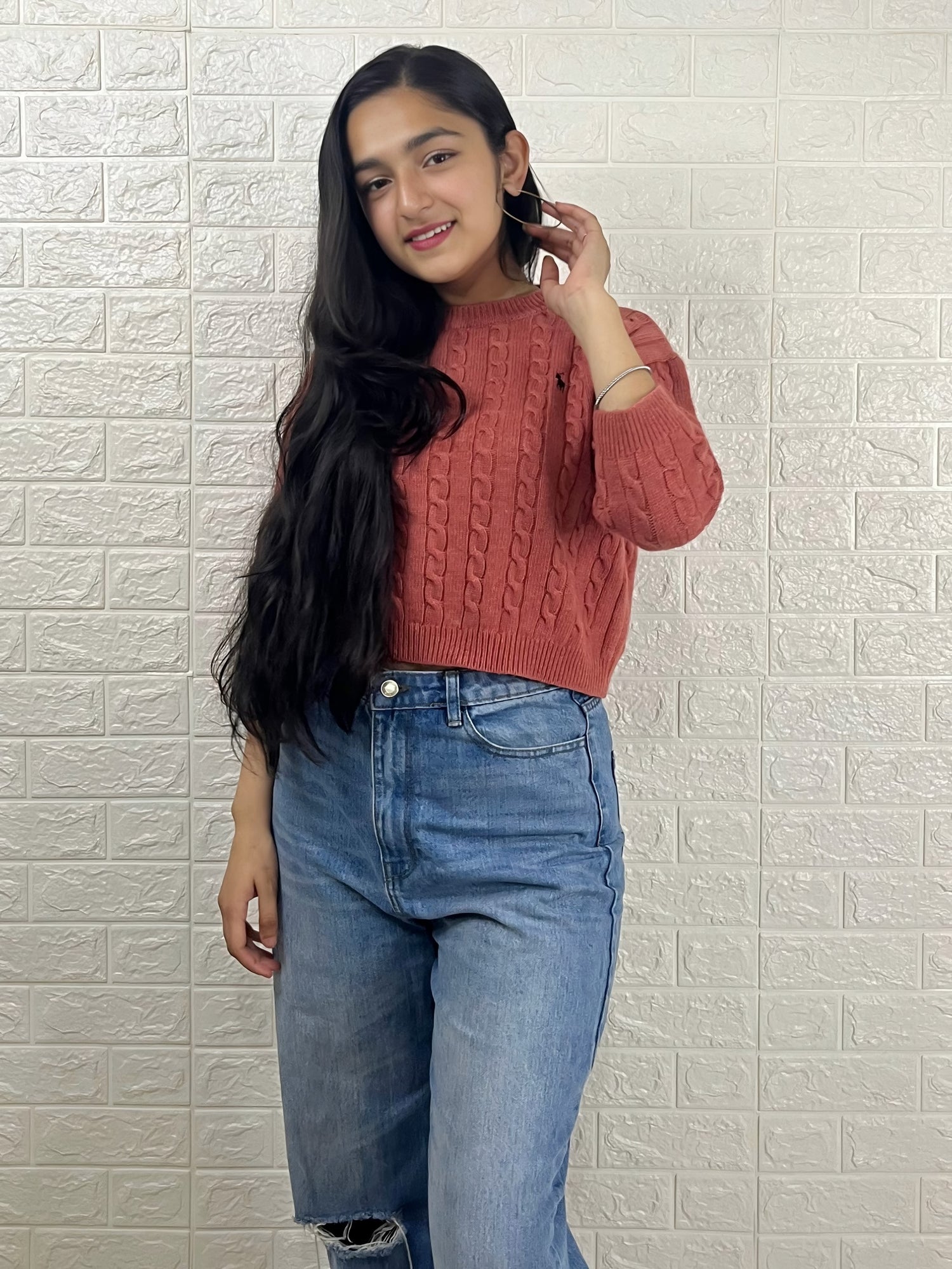 Women’s Cable Knit Sweater | Solid Rust Orange Winter Pullover | Round Neck Long Sleeve