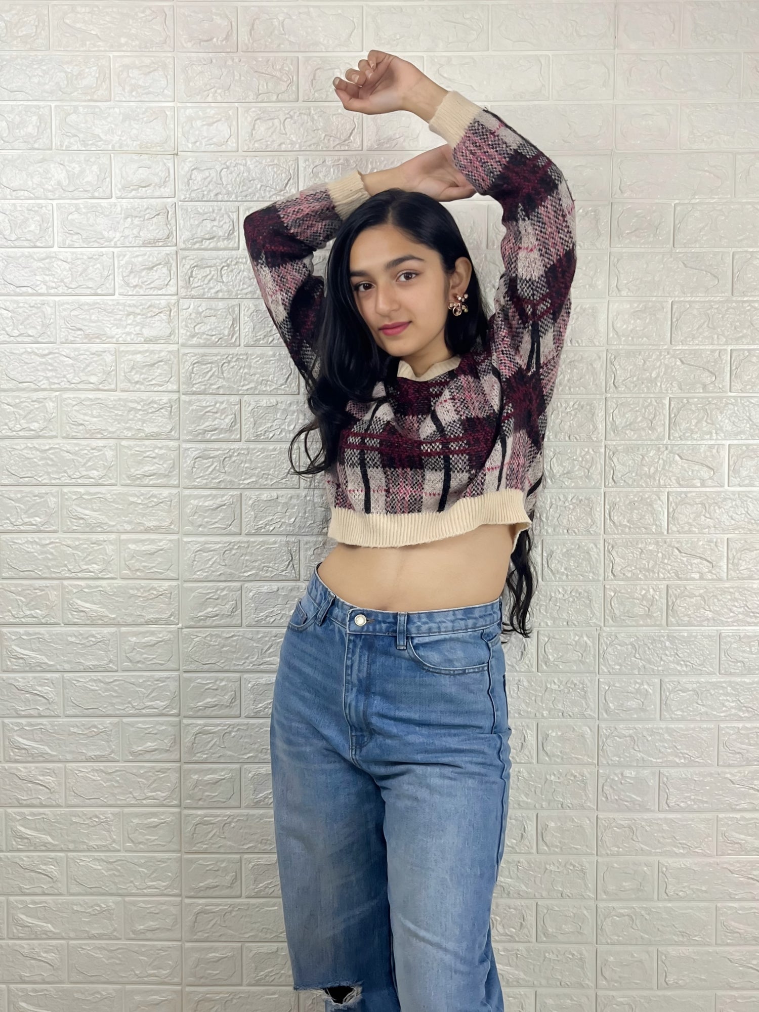 Women’s Checked Crop Sweater | Round Neck Winter Pullover | Maroon & Beige Knitted Top