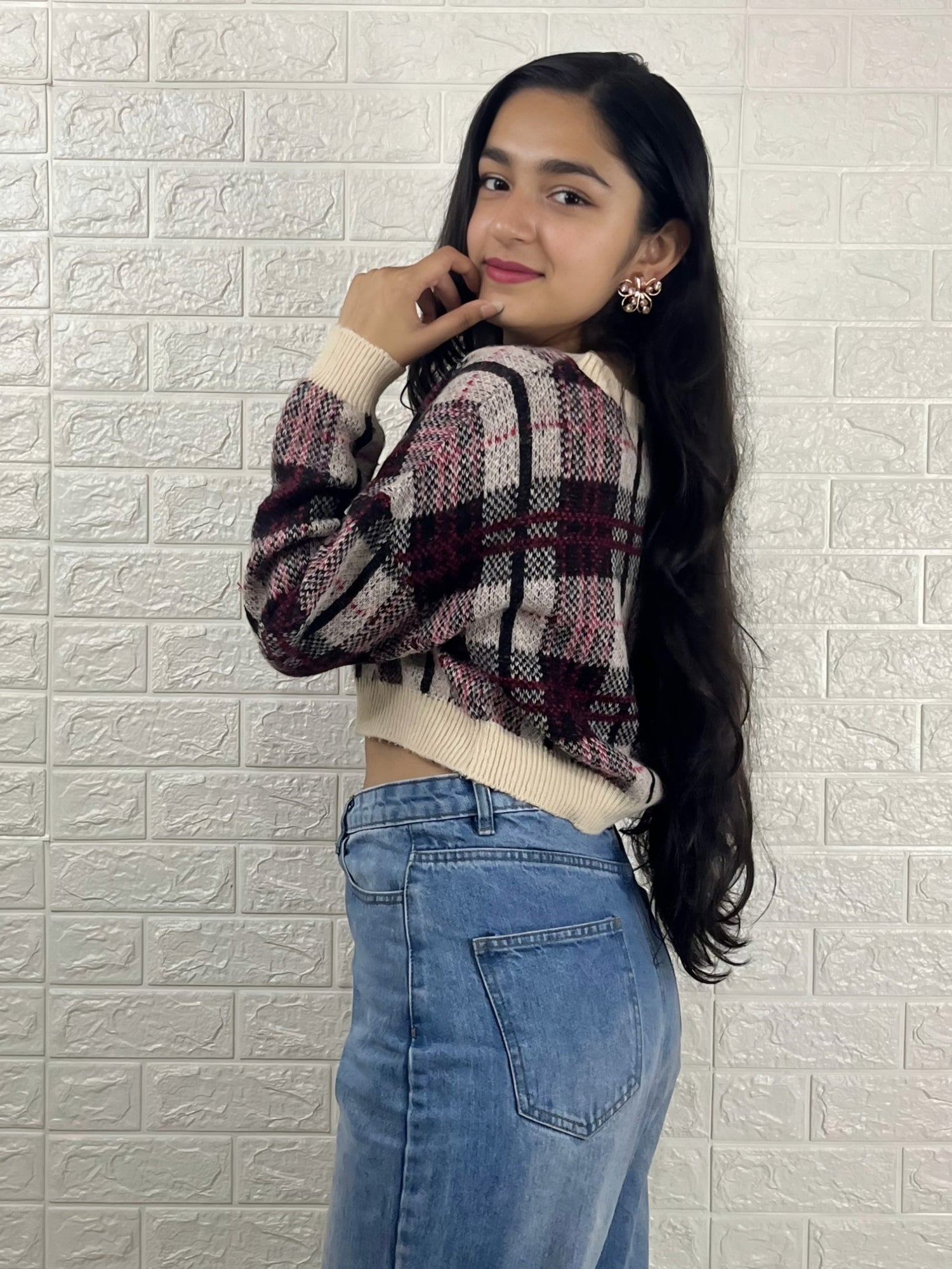 Women’s Checked Crop Sweater | Round Neck Winter Pullover | Maroon & Beige Knitted Top