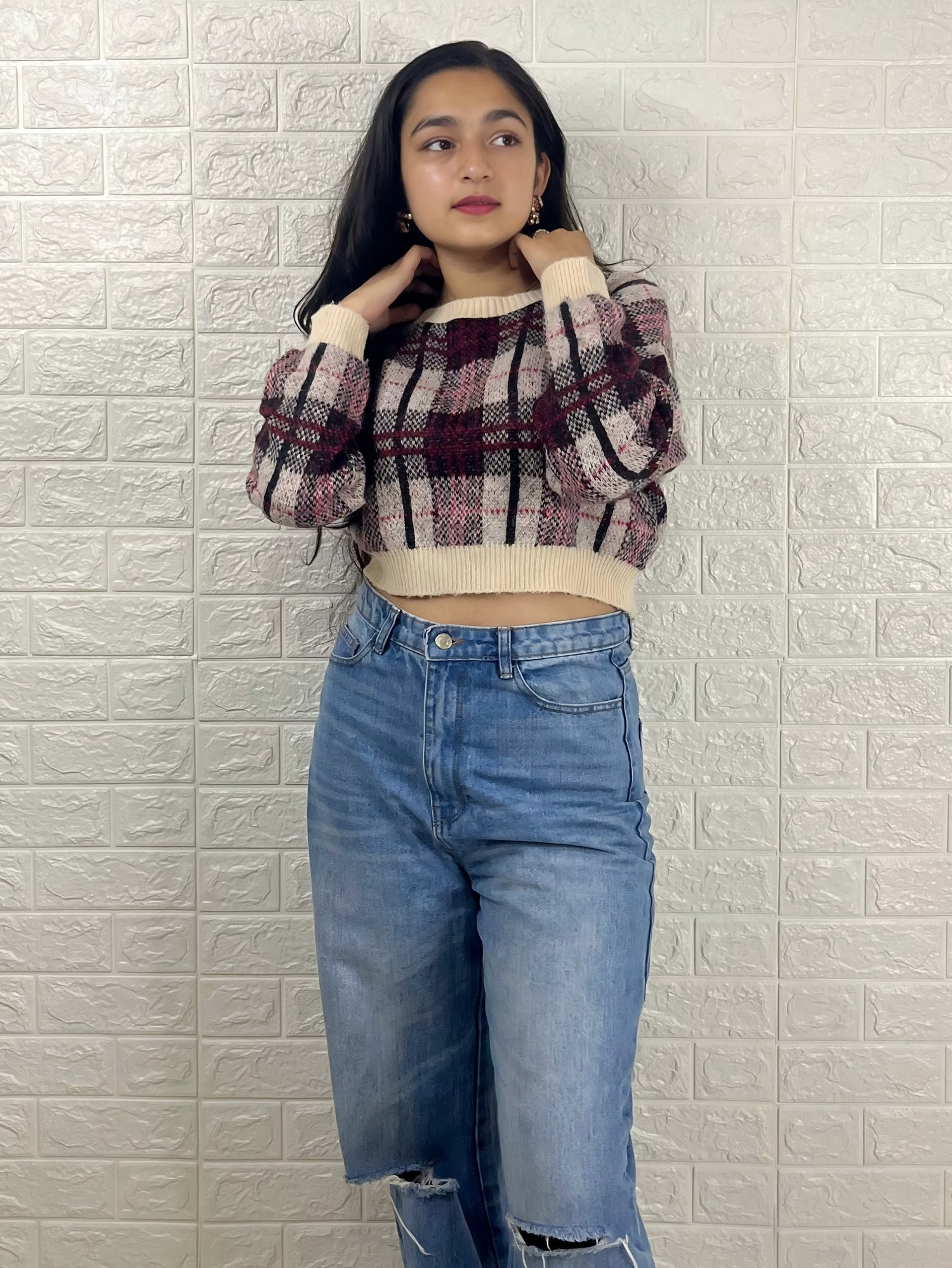 Women’s Checked Crop Sweater | Round Neck Winter Pullover | Maroon & Beige Knitted Top