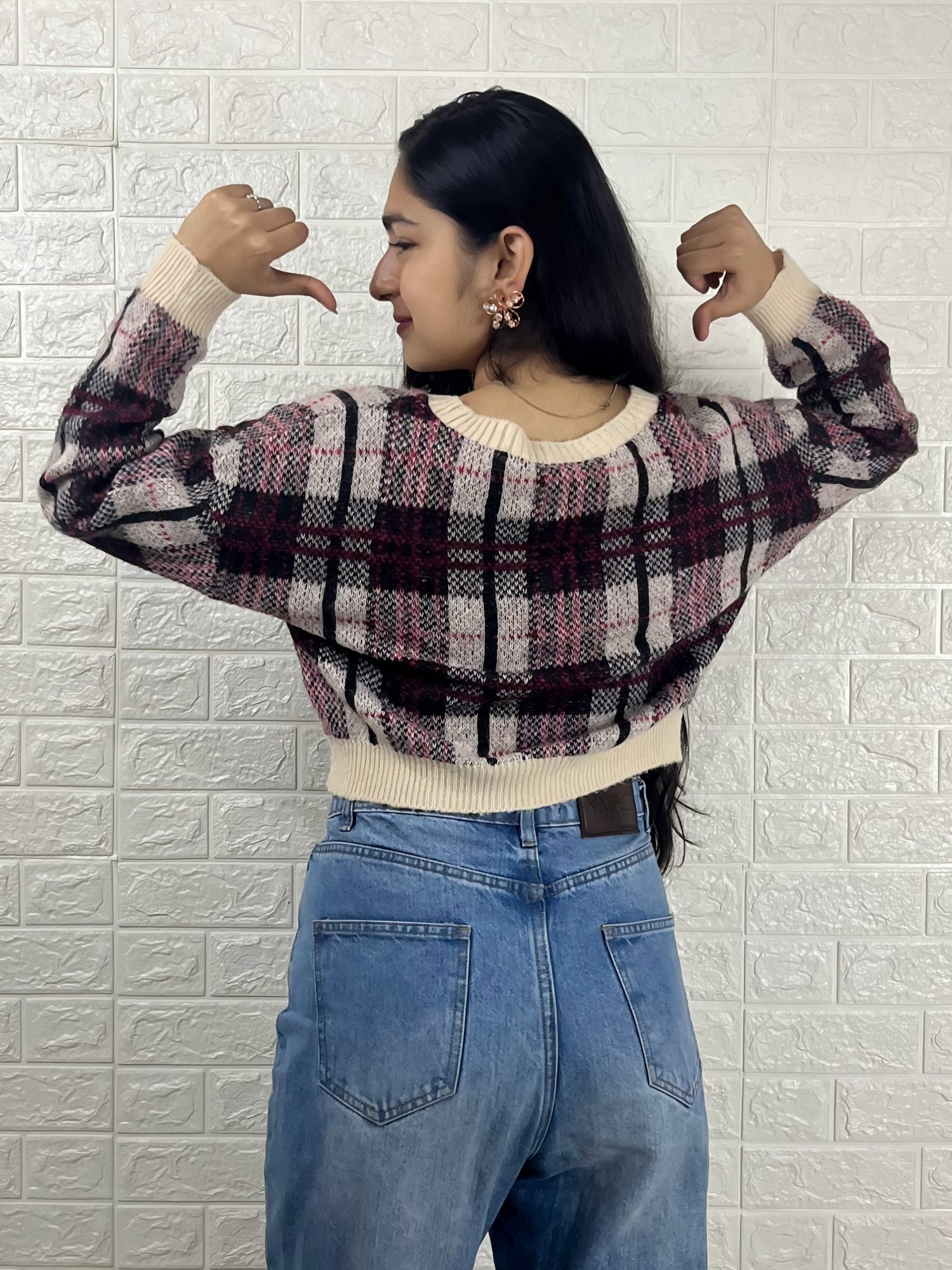 Women’s Checked Crop Sweater | Round Neck Winter Pullover | Maroon & Beige Knitted Top