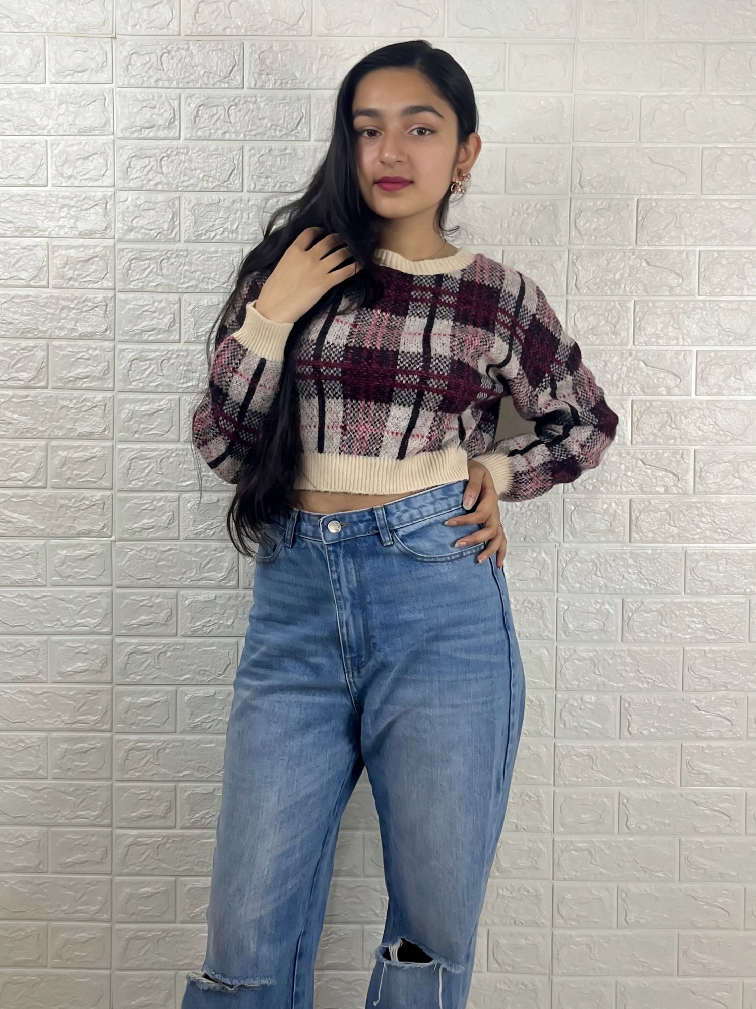 Women’s Checked Crop Sweater | Round Neck Winter Pullover | Maroon & Beige Knitted Top
