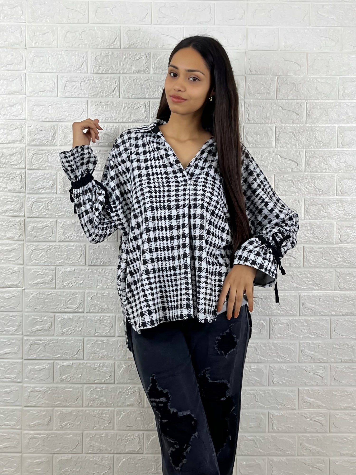 Black & White Houndstooth Oversized Woven Top