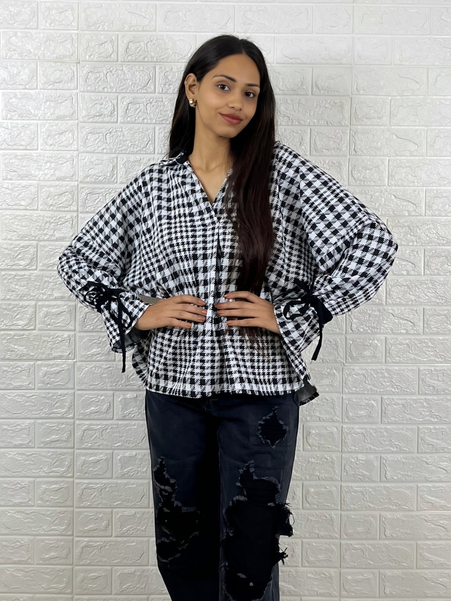 Black & White Houndstooth Oversized Woven Top