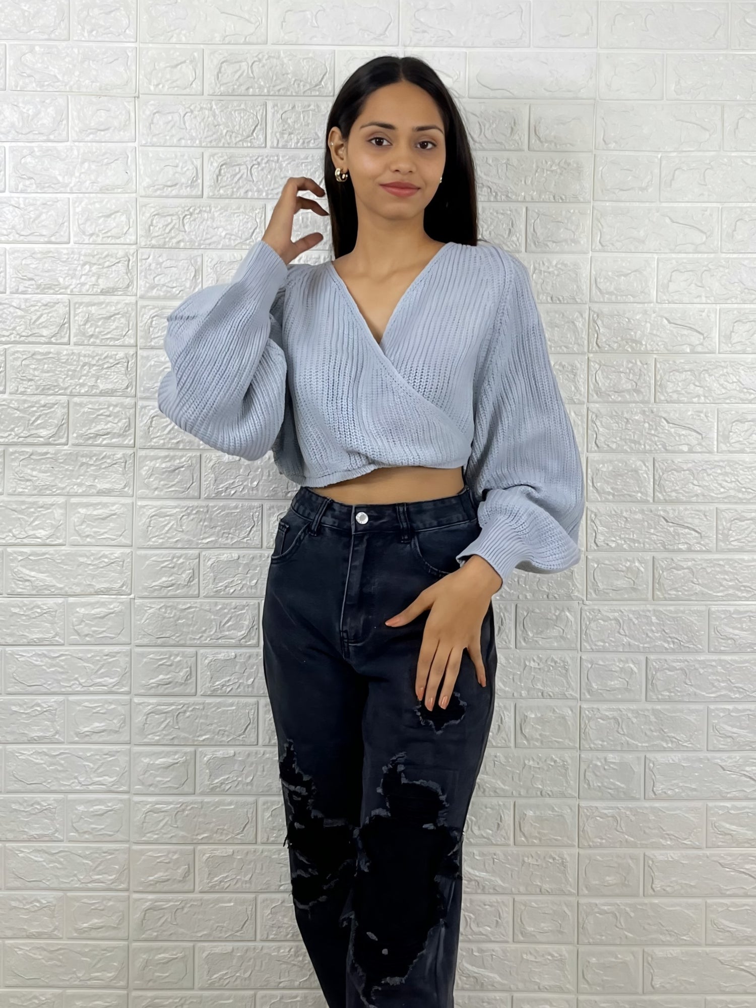 Light Blue Cropped Wrap Sweater