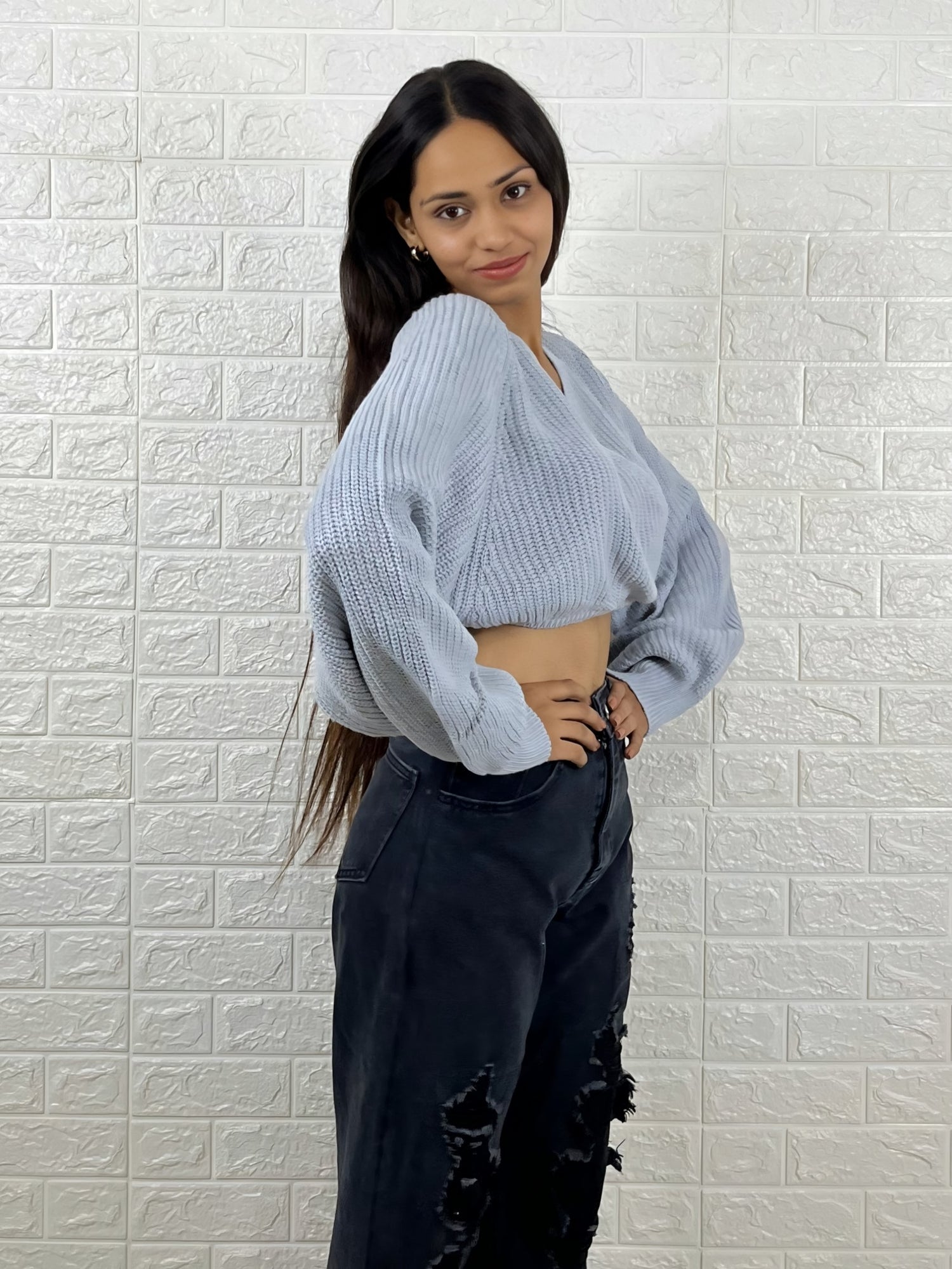 Light Blue Cropped Wrap Sweater