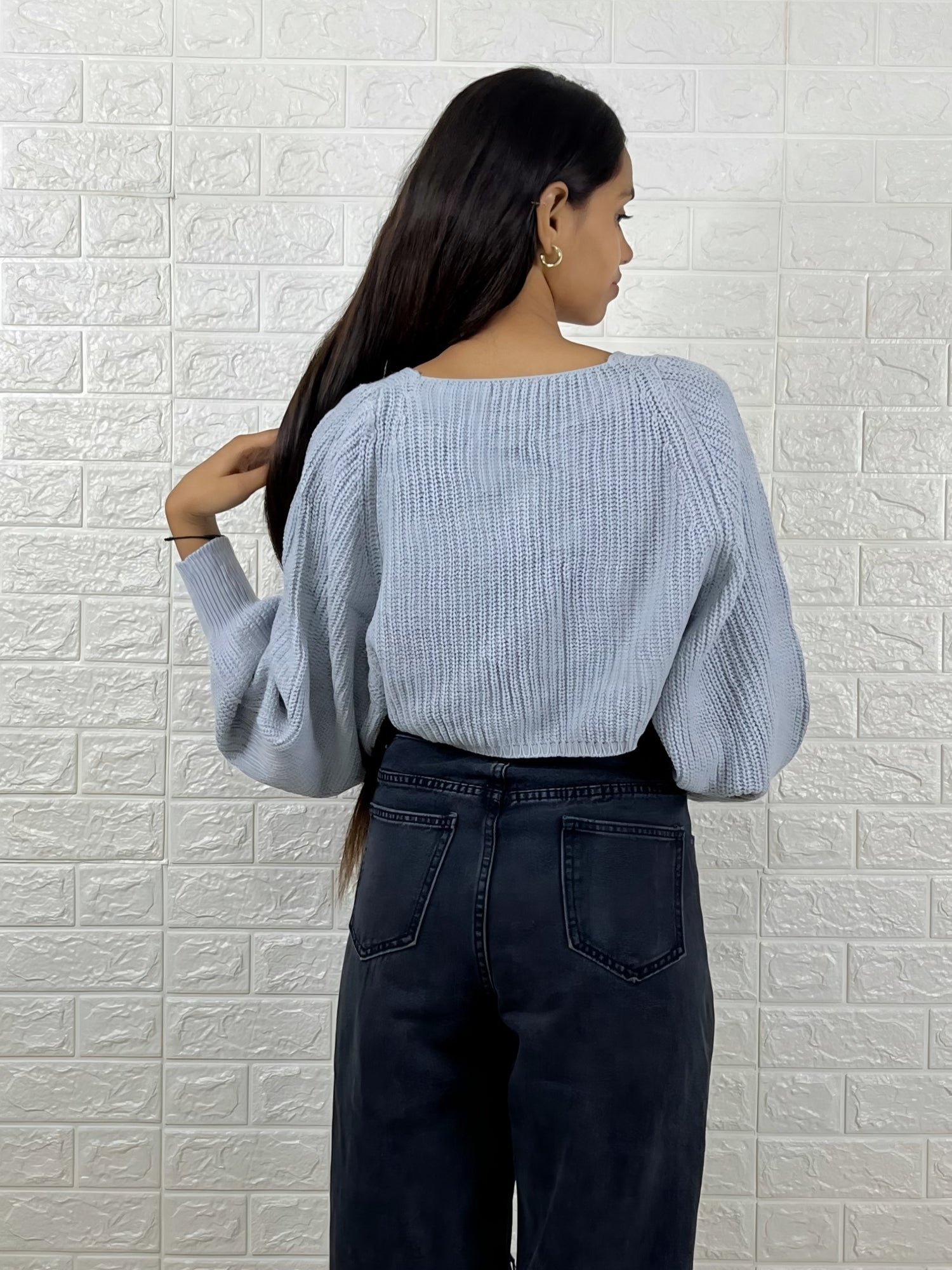 Light Blue Cropped Wrap Sweater