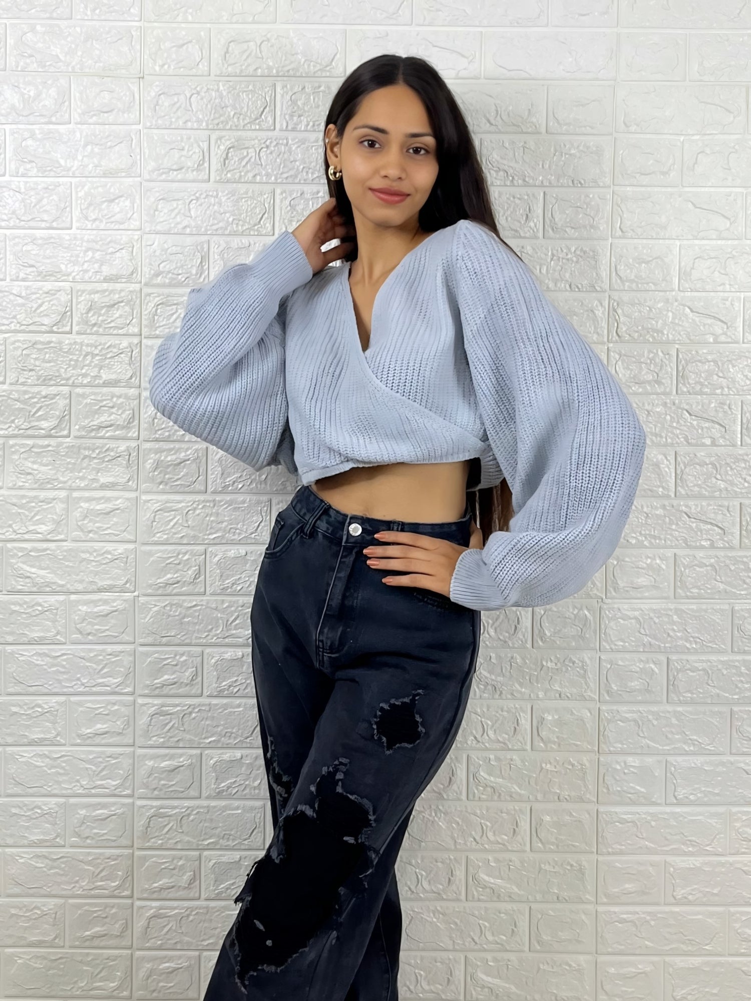 Light Blue Cropped Wrap Sweater