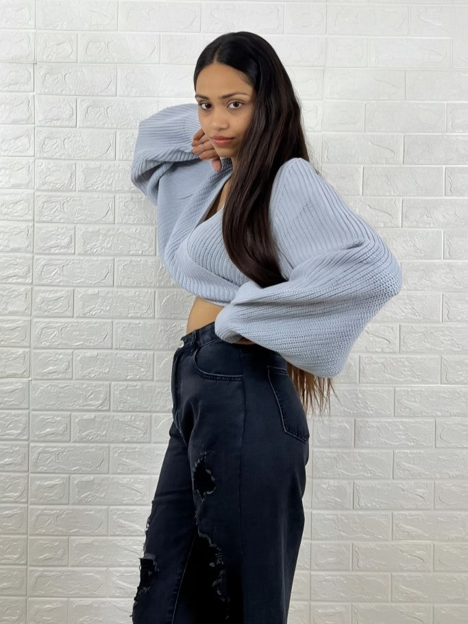 Light Blue Cropped Wrap Sweater
