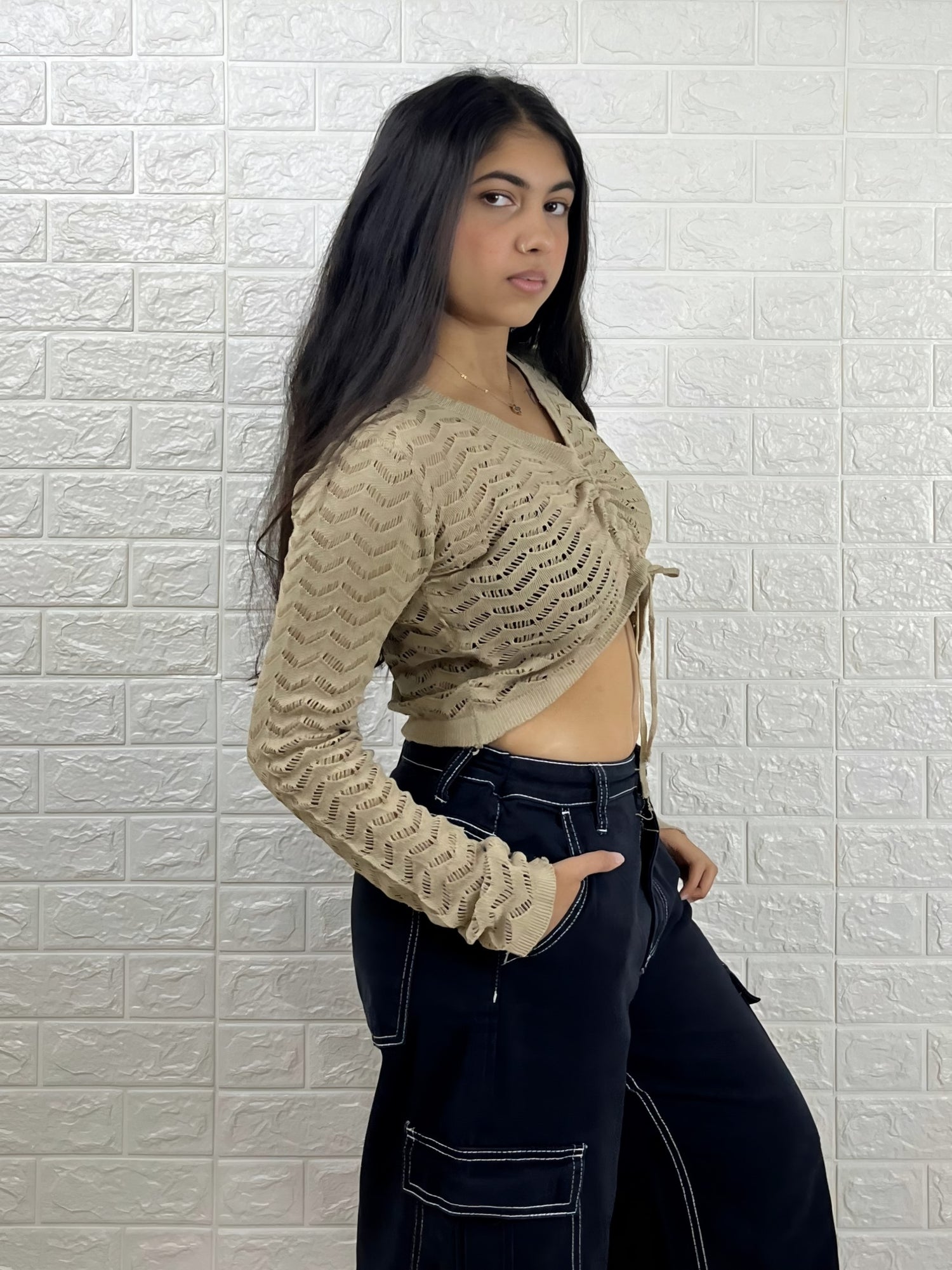 Beige Ruched Drawstring Knit Crop Top