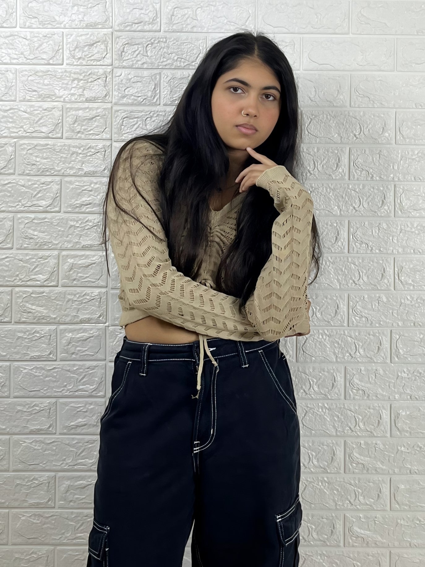 Beige Ruched Drawstring Knit Crop Top