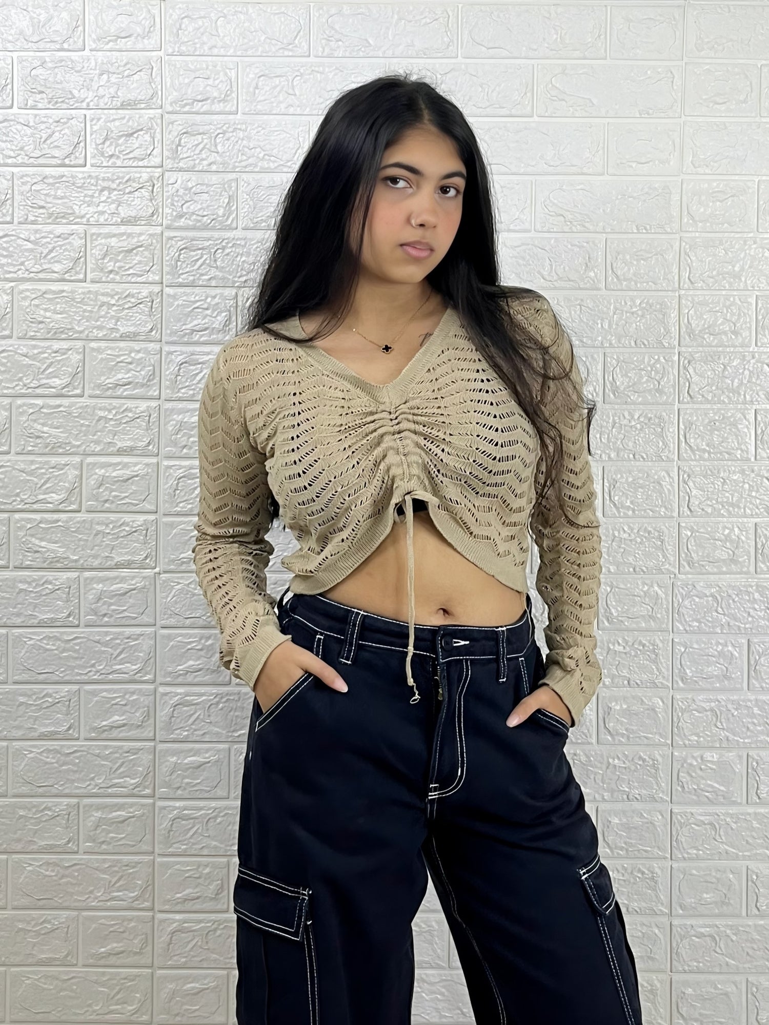 Beige Ruched Drawstring Knit Crop Top