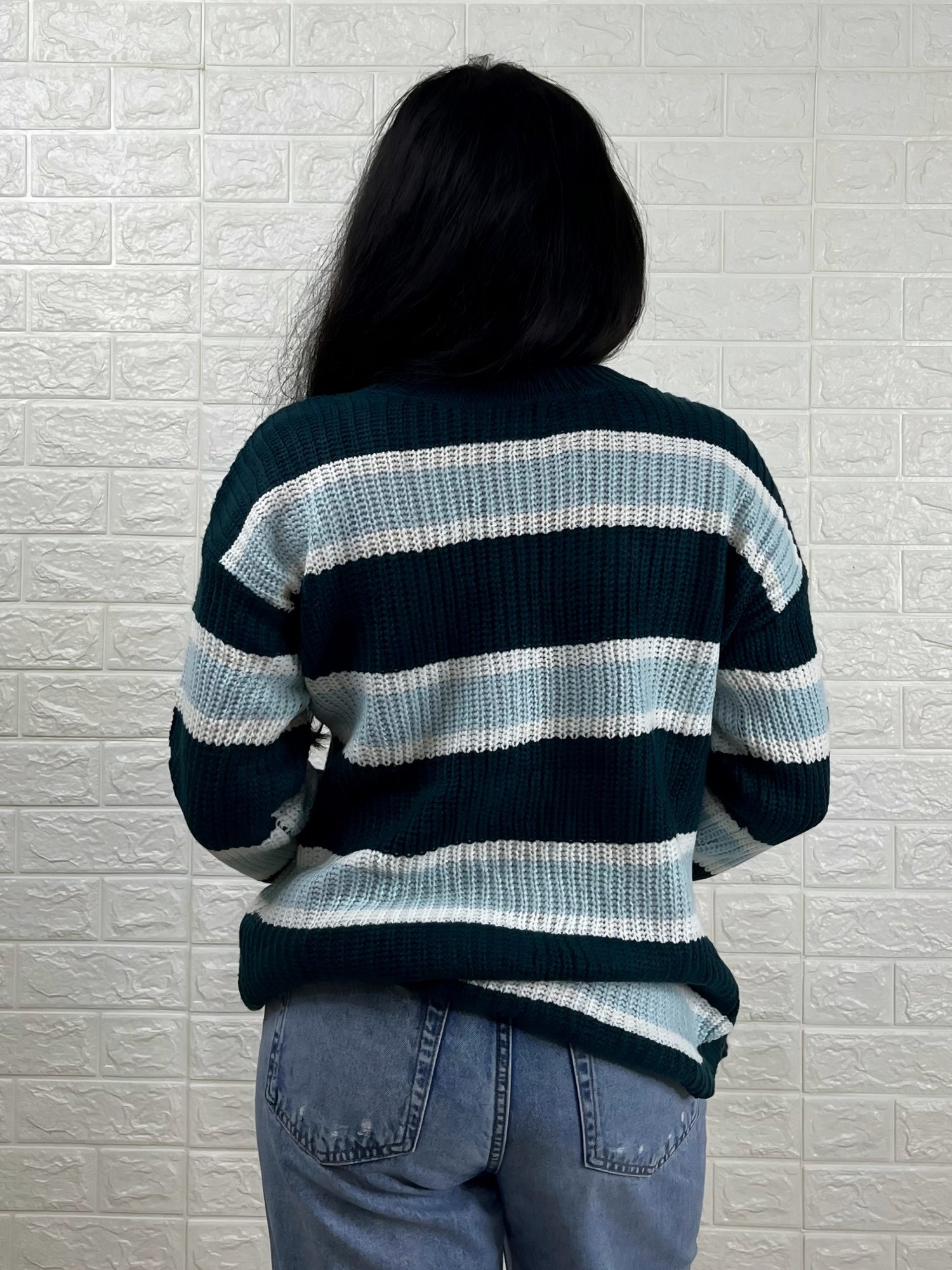 Multi-Stripe Relaxed Knit Sweater - Green & Blue