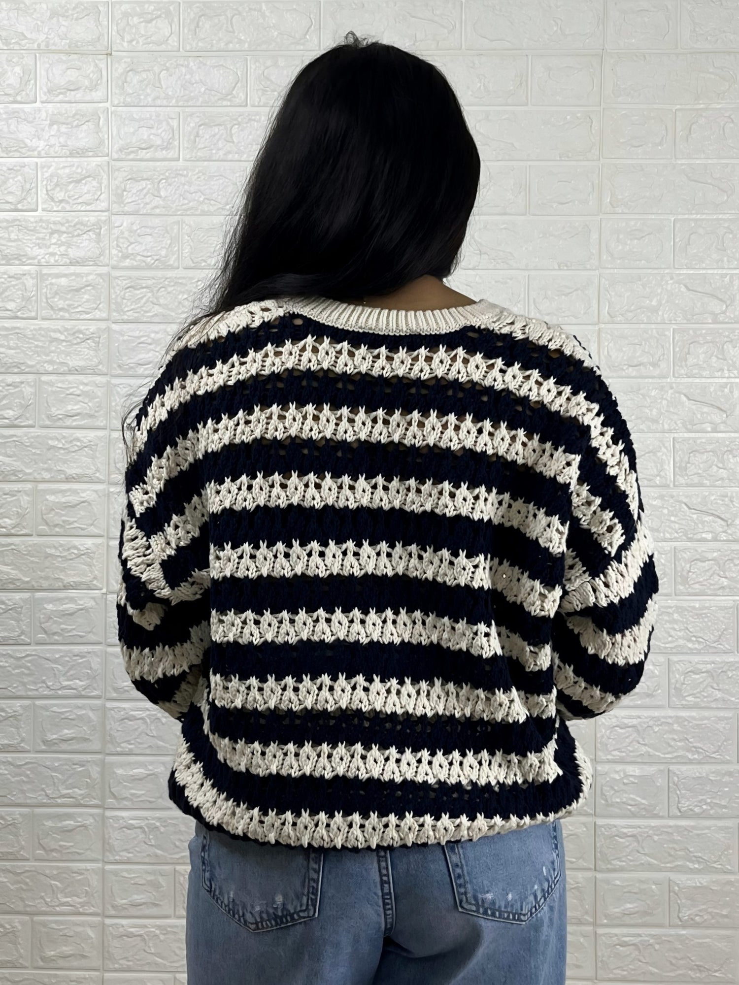 Classic Striped Chunky Knit Sweater - Navy & Cream