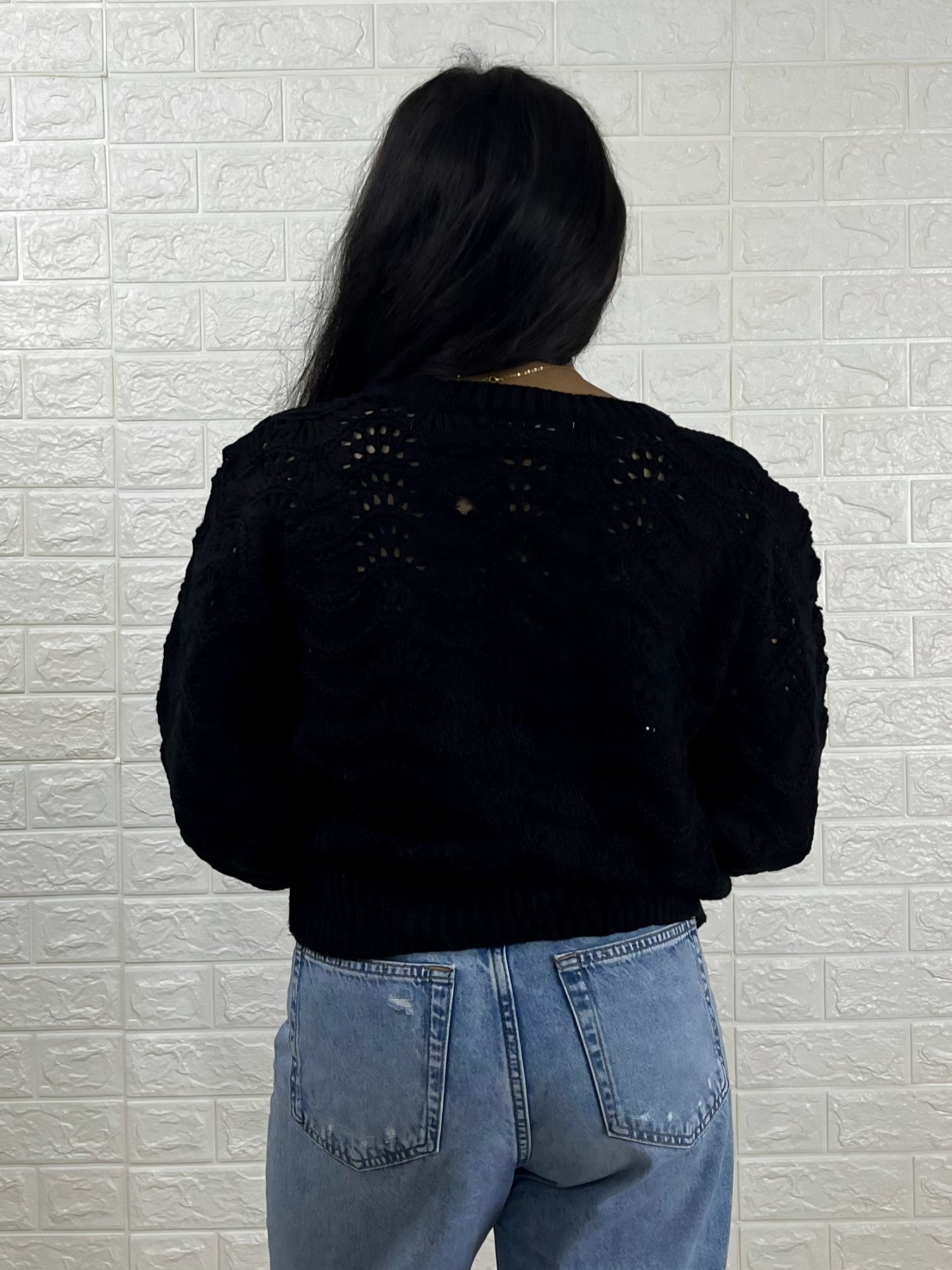 Black Sparkle Knit with Puff Shoulders