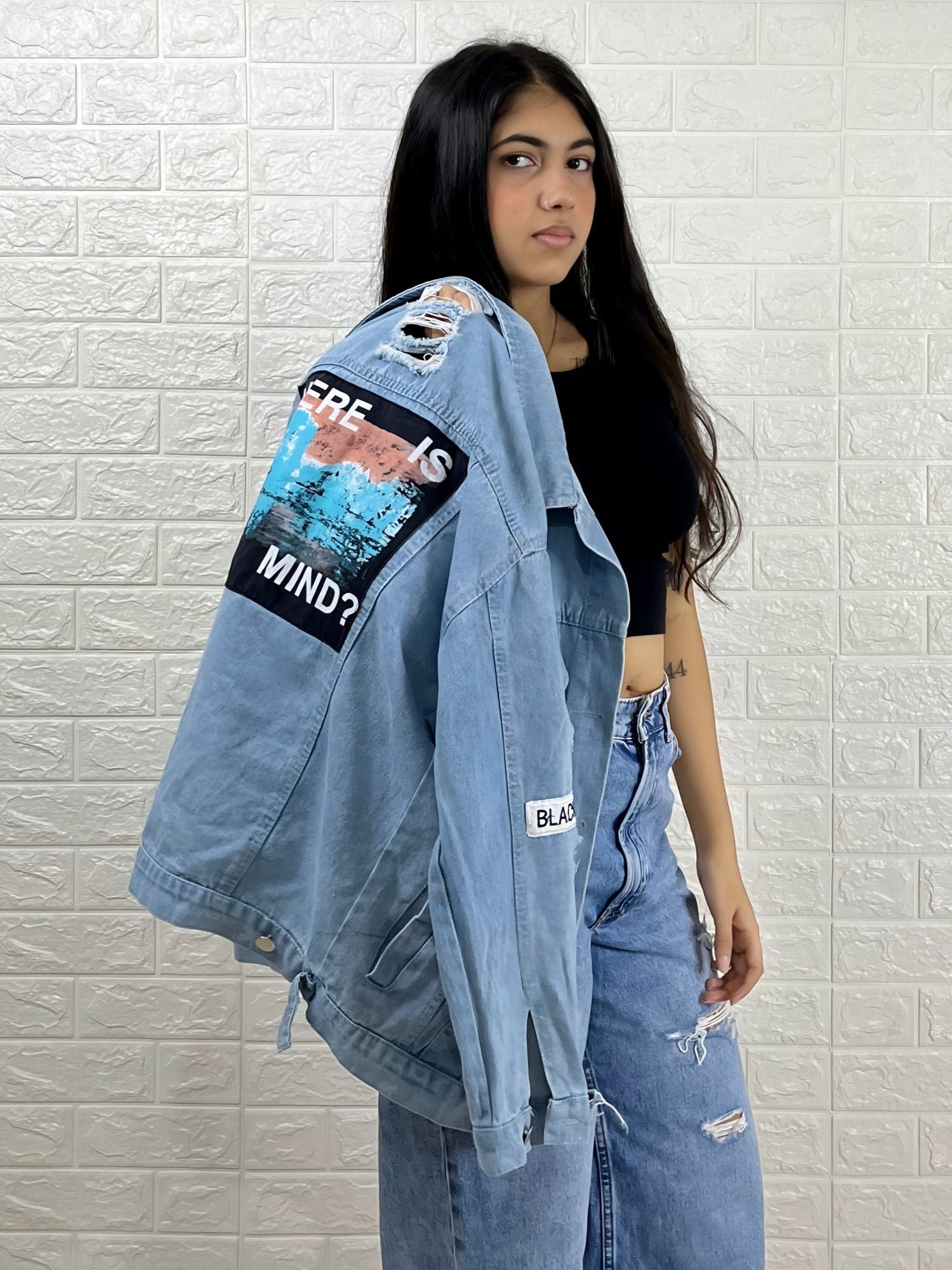 Blue Oversized Denim Jacket – "Where Is My Mind?" Print