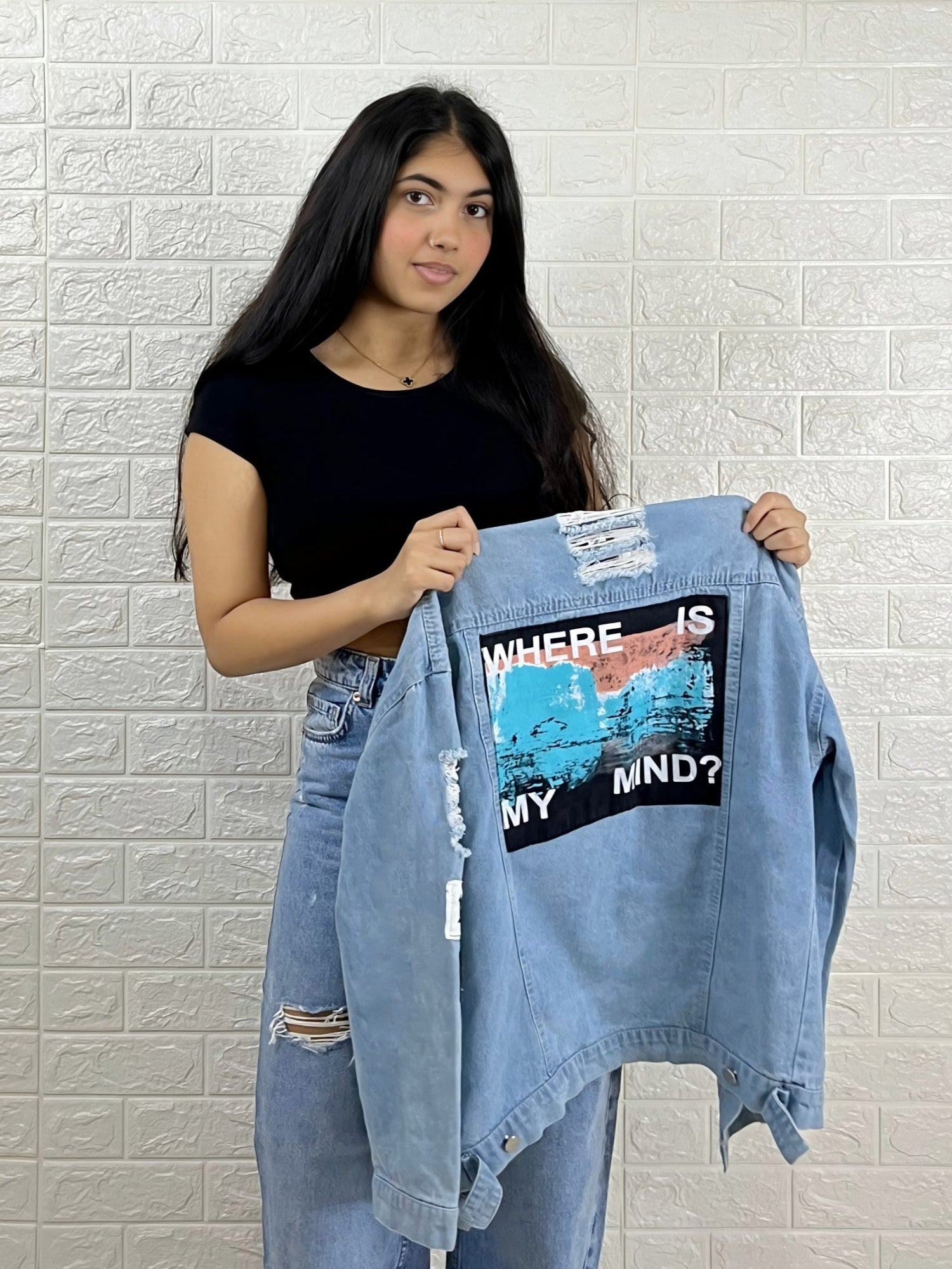 Blue Oversized Denim Jacket – "Where Is My Mind?" Print