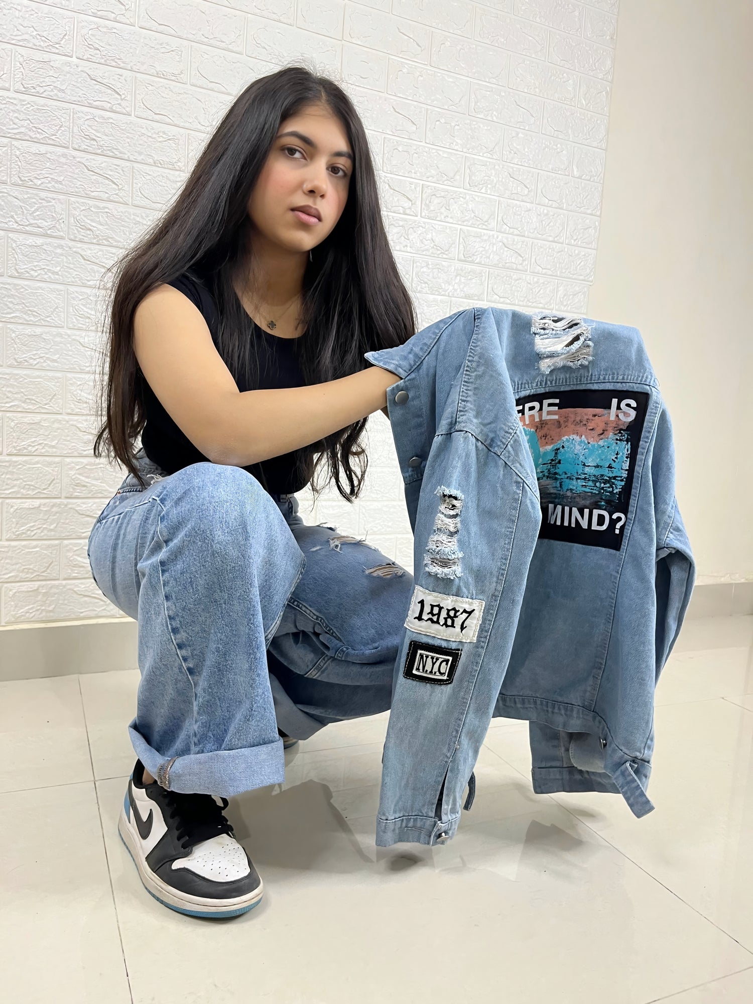 Blue Oversized Denim Jacket – "Where Is My Mind?" Print