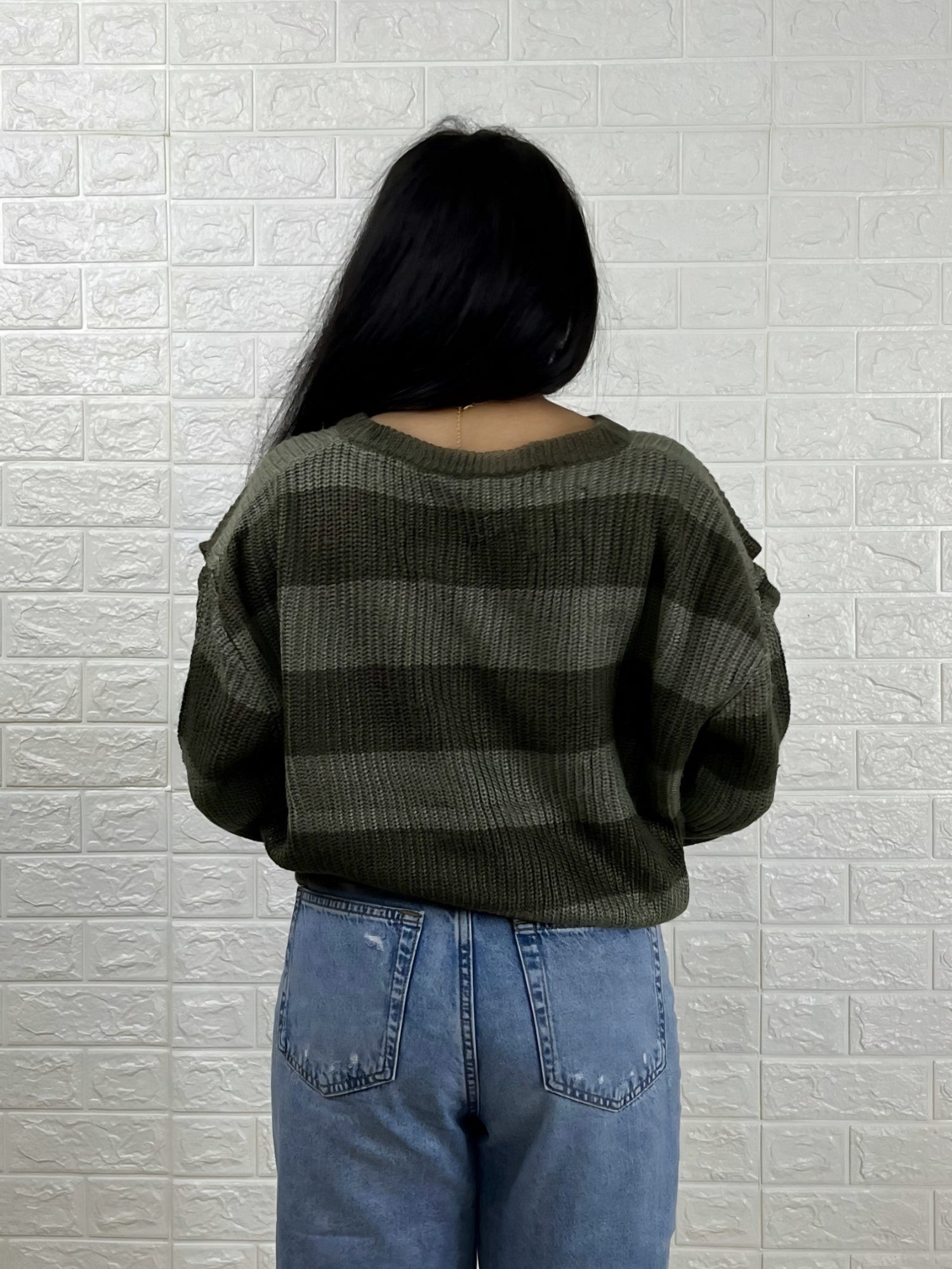 Striped Cold-Shoulder V-Neck Sweater - Olive Green
