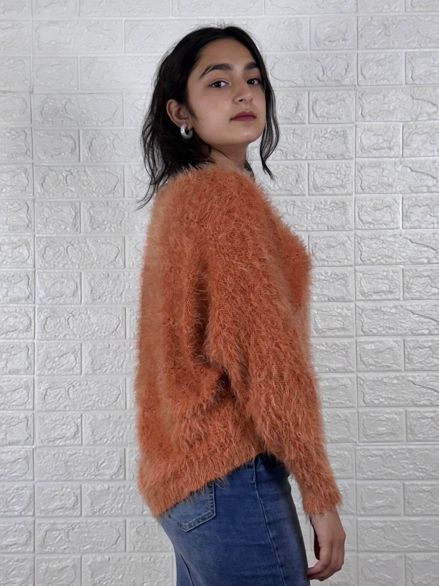 Women’s Fuzzy Knitted Sweater | Soft Fluffy Pullover Winter Top – Orange