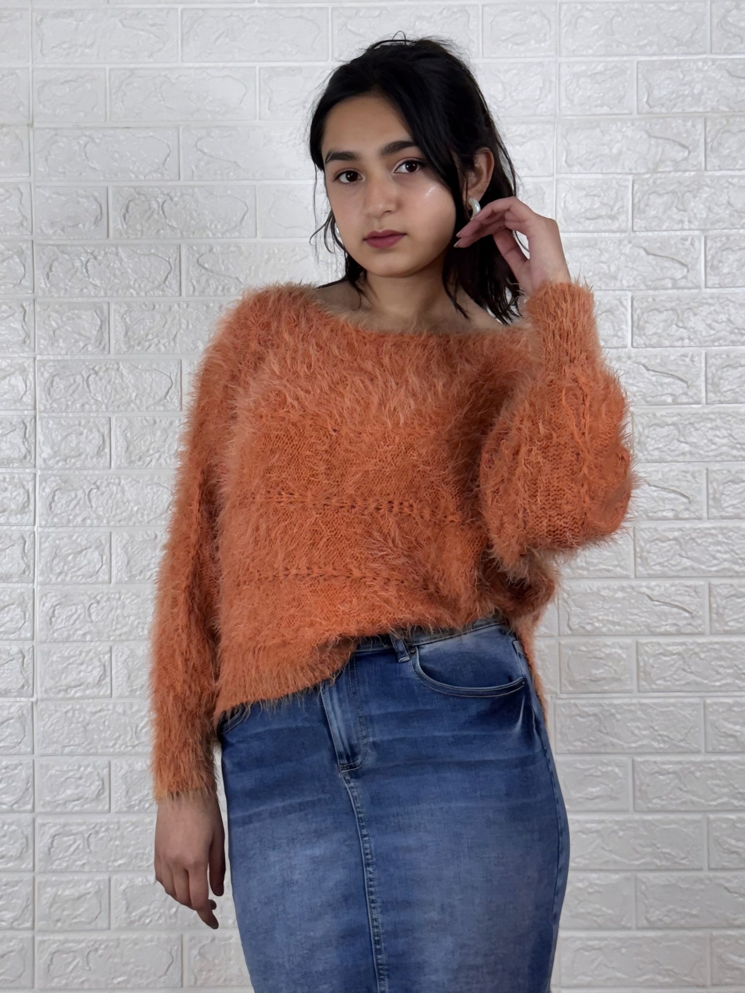 Women’s Fuzzy Knitted Sweater | Soft Fluffy Pullover Winter Top – Orange