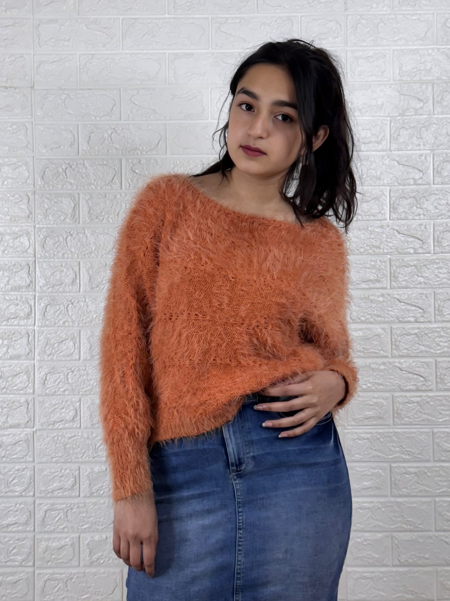 Women’s Fuzzy Knitted Sweater | Soft Fluffy Pullover Winter Top – Orange