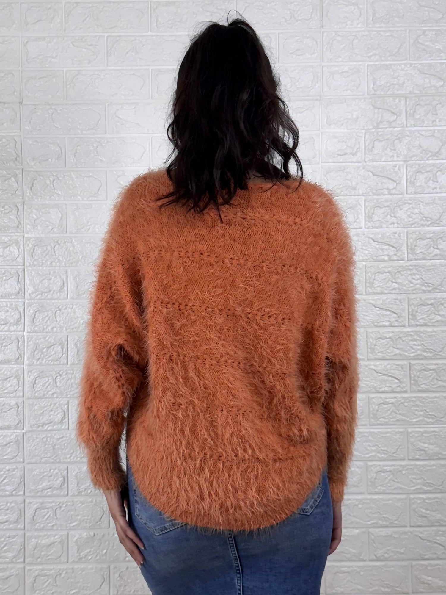 Women’s Fuzzy Knitted Sweater | Soft Fluffy Pullover Winter Top – Orange