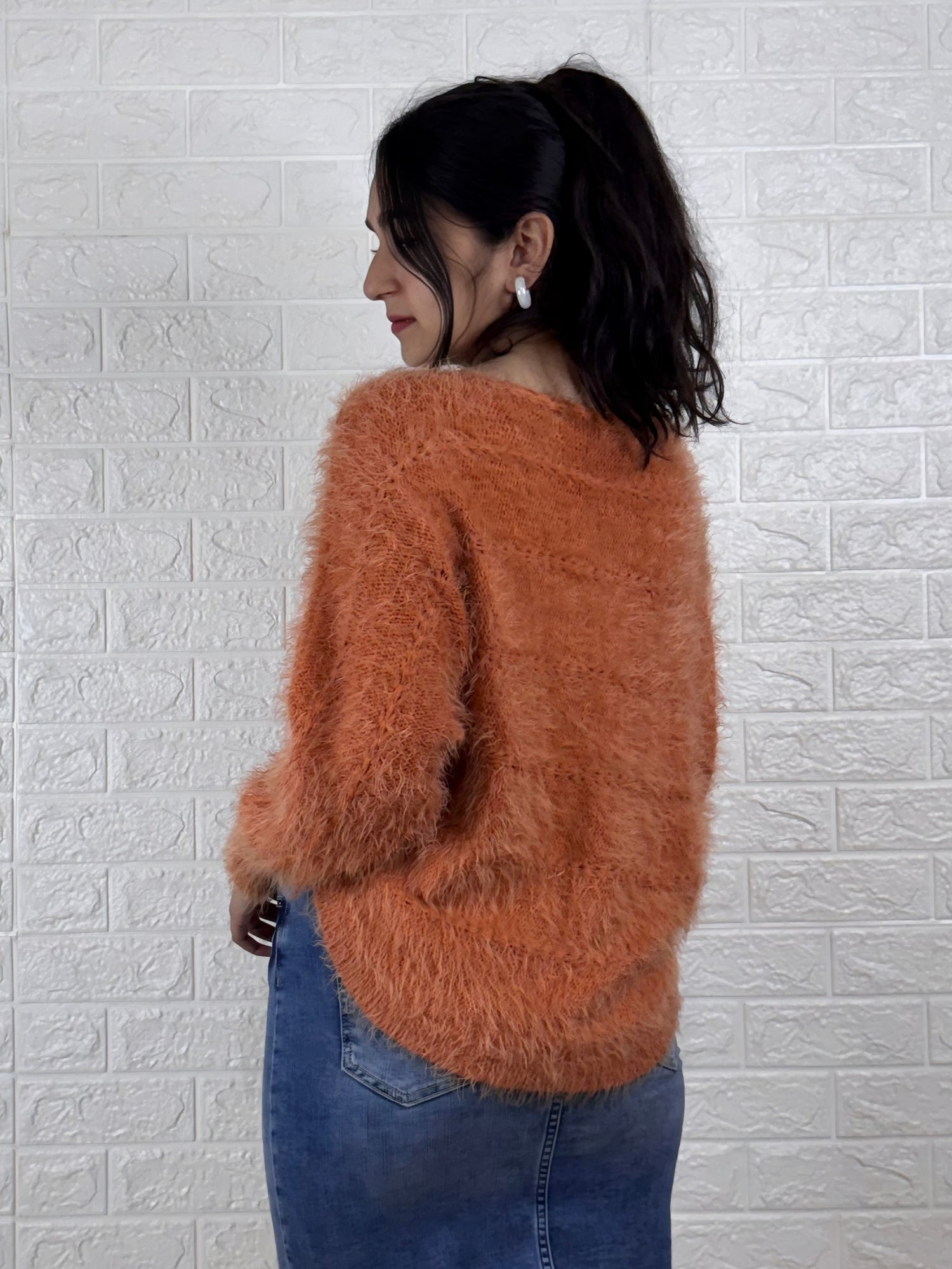Women’s Fuzzy Knitted Sweater | Soft Fluffy Pullover Winter Top – Orange