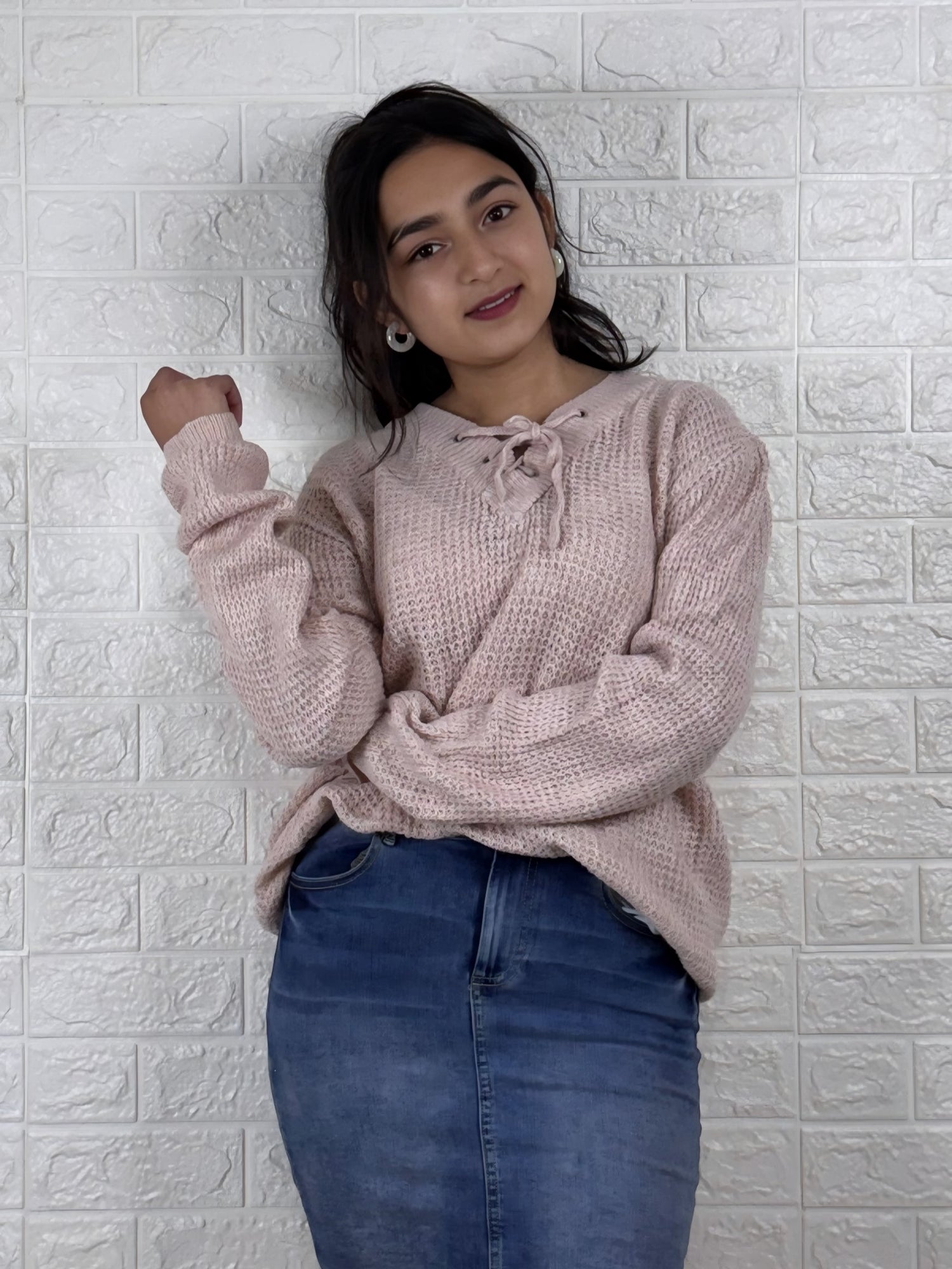 Cozy Chunky Knit Lace-Up Pullover - Blush Pink